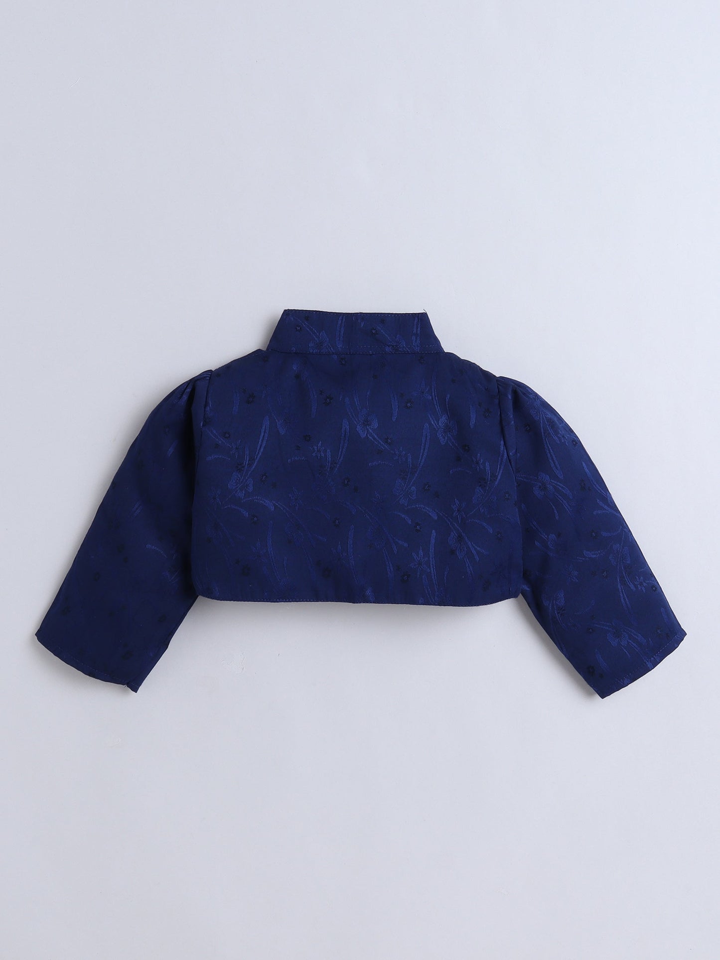 Geometric Printed Dress With Full Sleeves Floral Embroidered Jacket - Blue