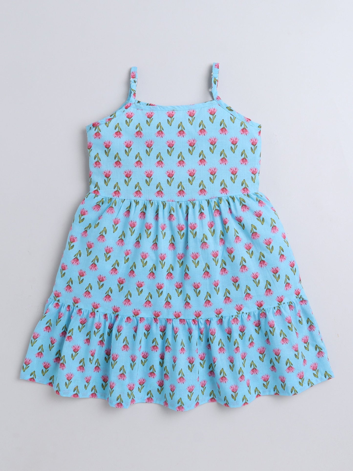 Cotton Sleeveless Floral Motifs Printed Dress - Blue