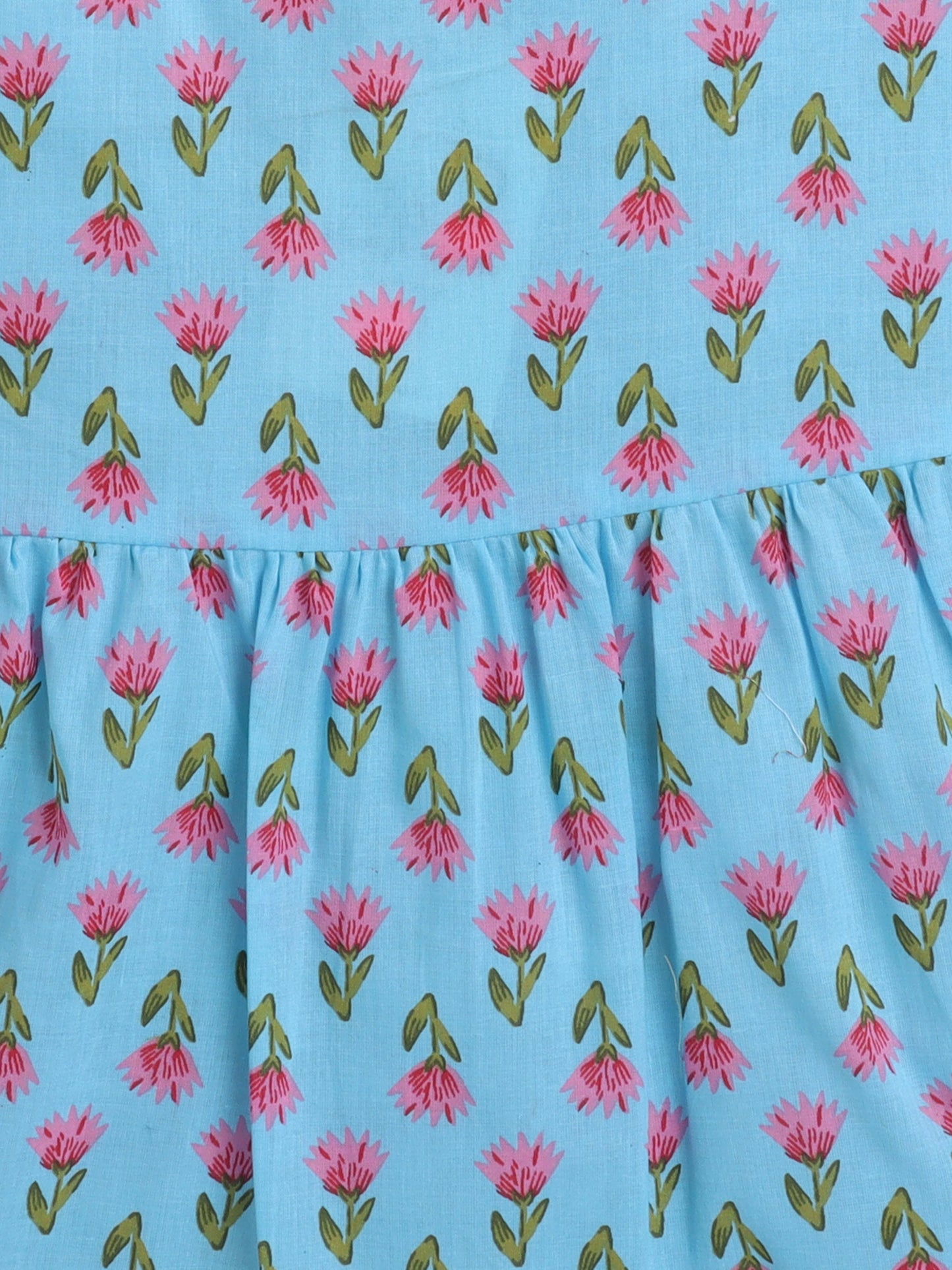 Cotton Sleeveless Floral Motifs Printed Dress - Blue