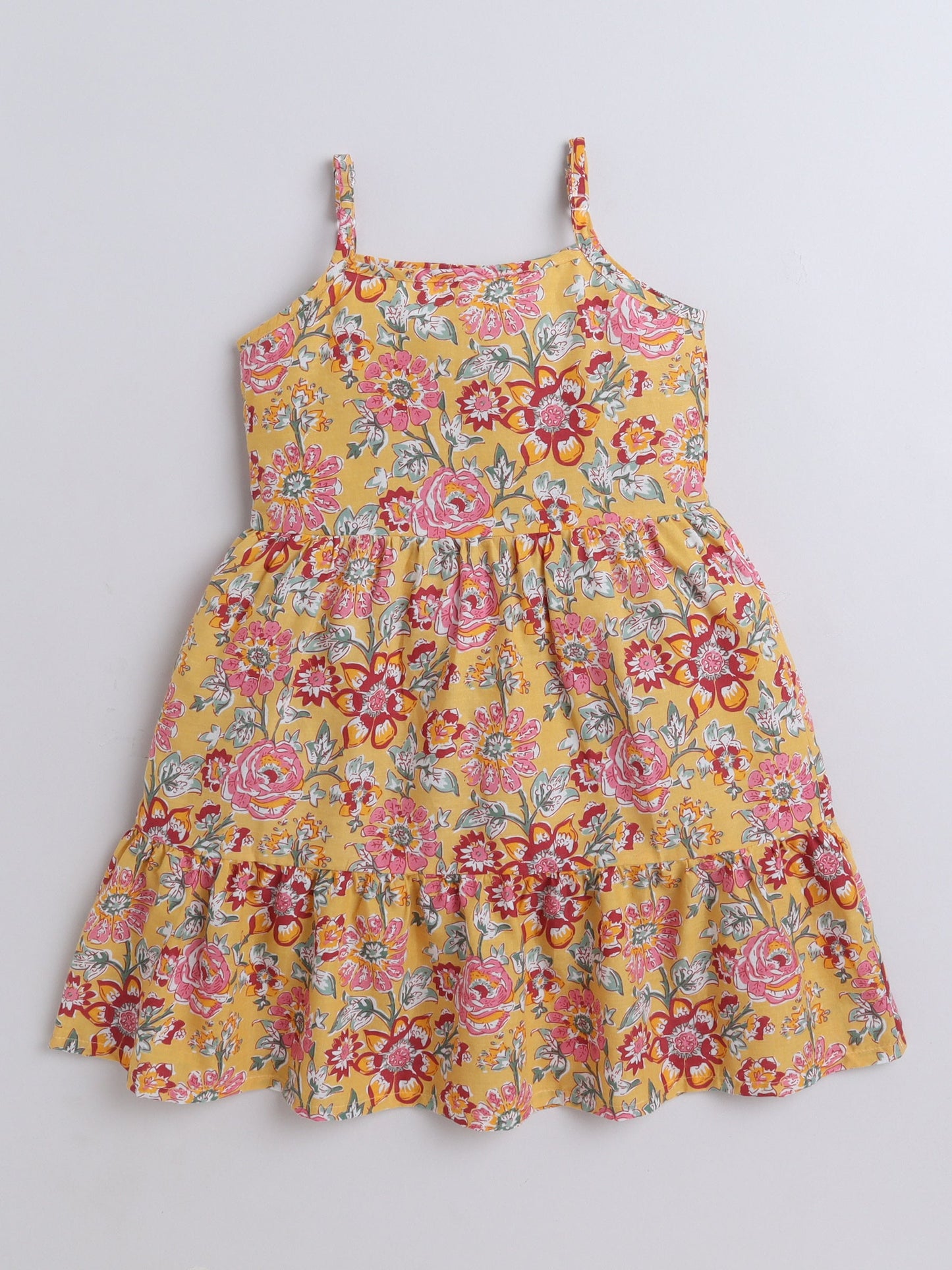 Cotton Sleeveless Floral Printed Dress - Yellow