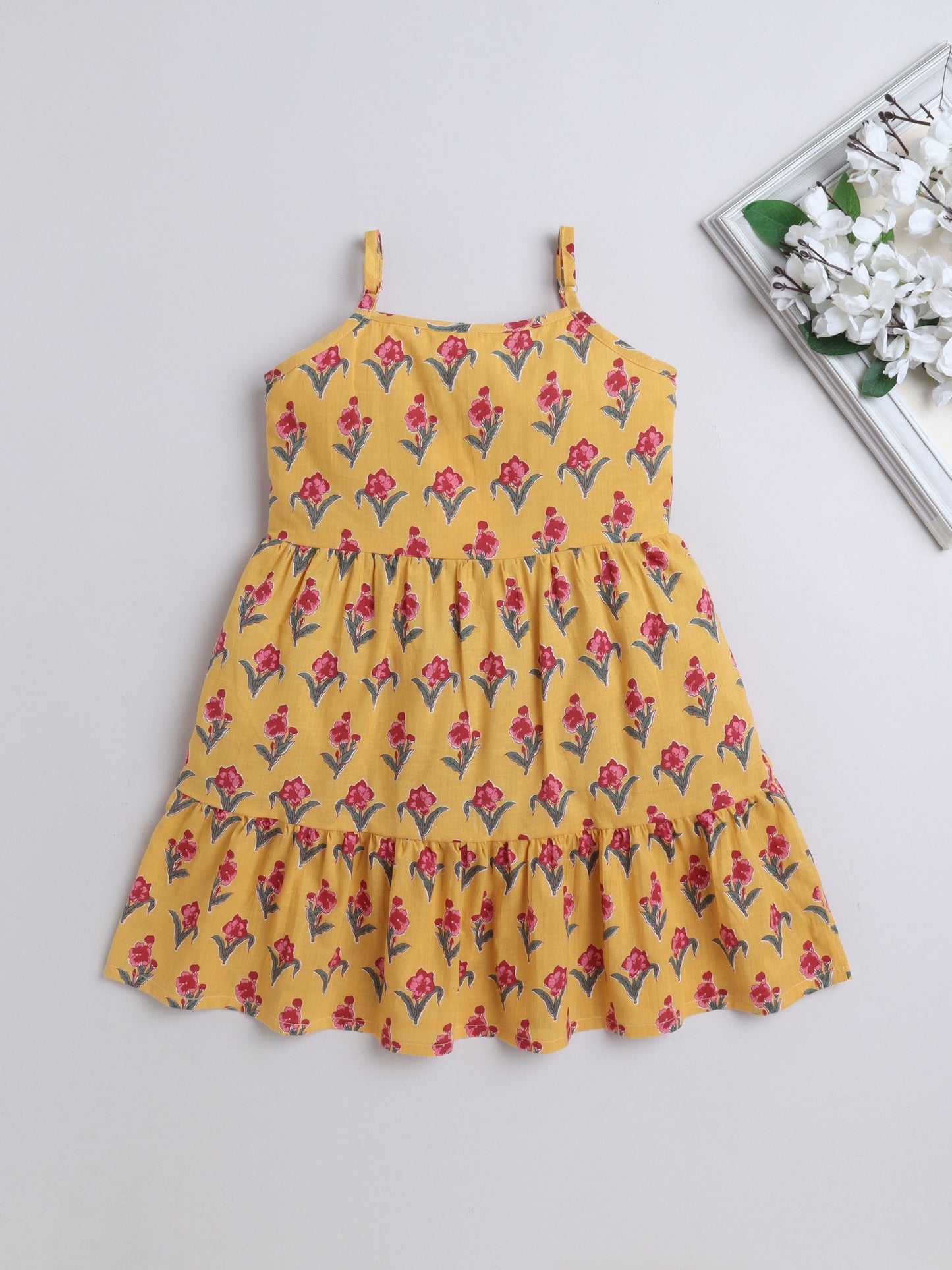 Cotton Sleeveless Floral Motifs Printed Dress - Yellow