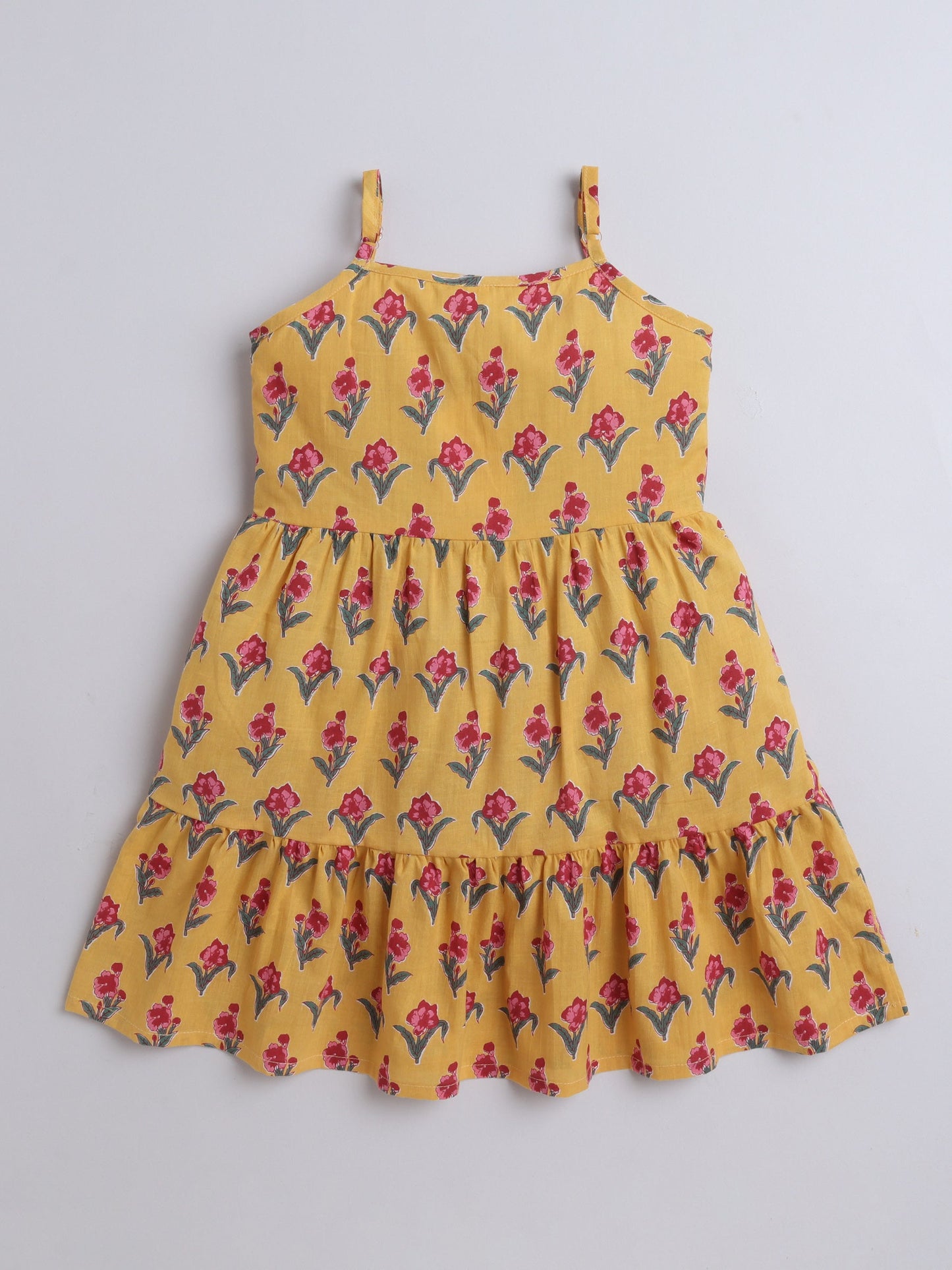 Cotton Sleeveless Floral Motifs Printed Dress - Yellow