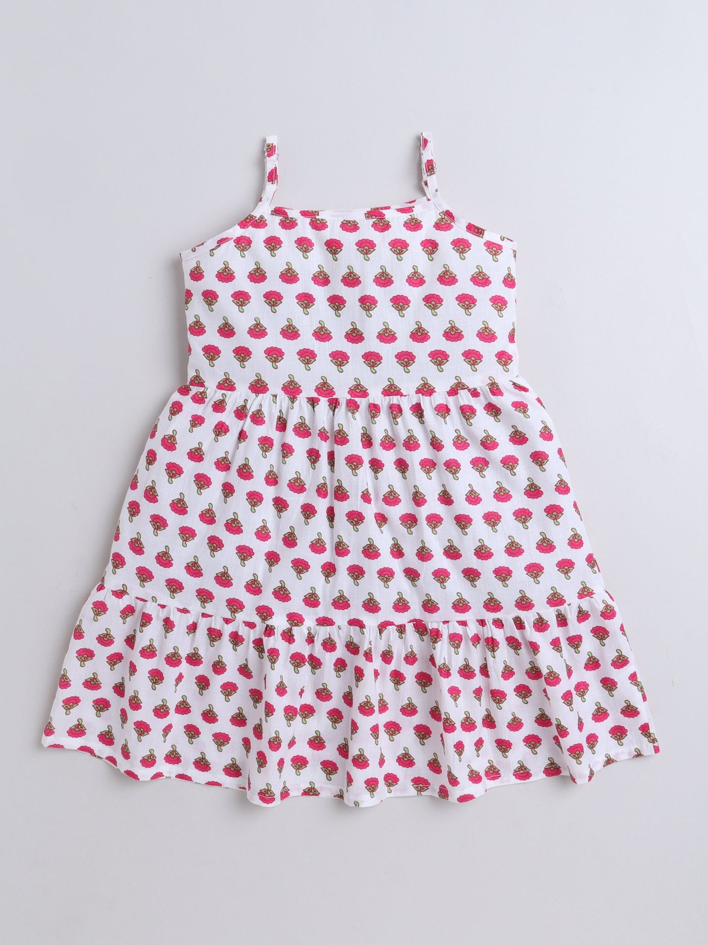 Cotton Sleeveless Floral Motifs Printed Dress - White & Pink