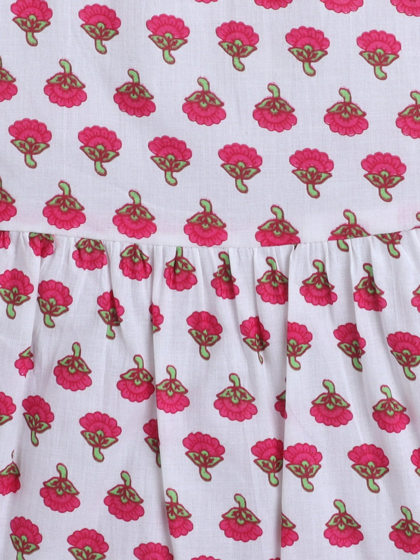 Cotton Sleeveless Floral Motifs Printed Dress - White & Pink