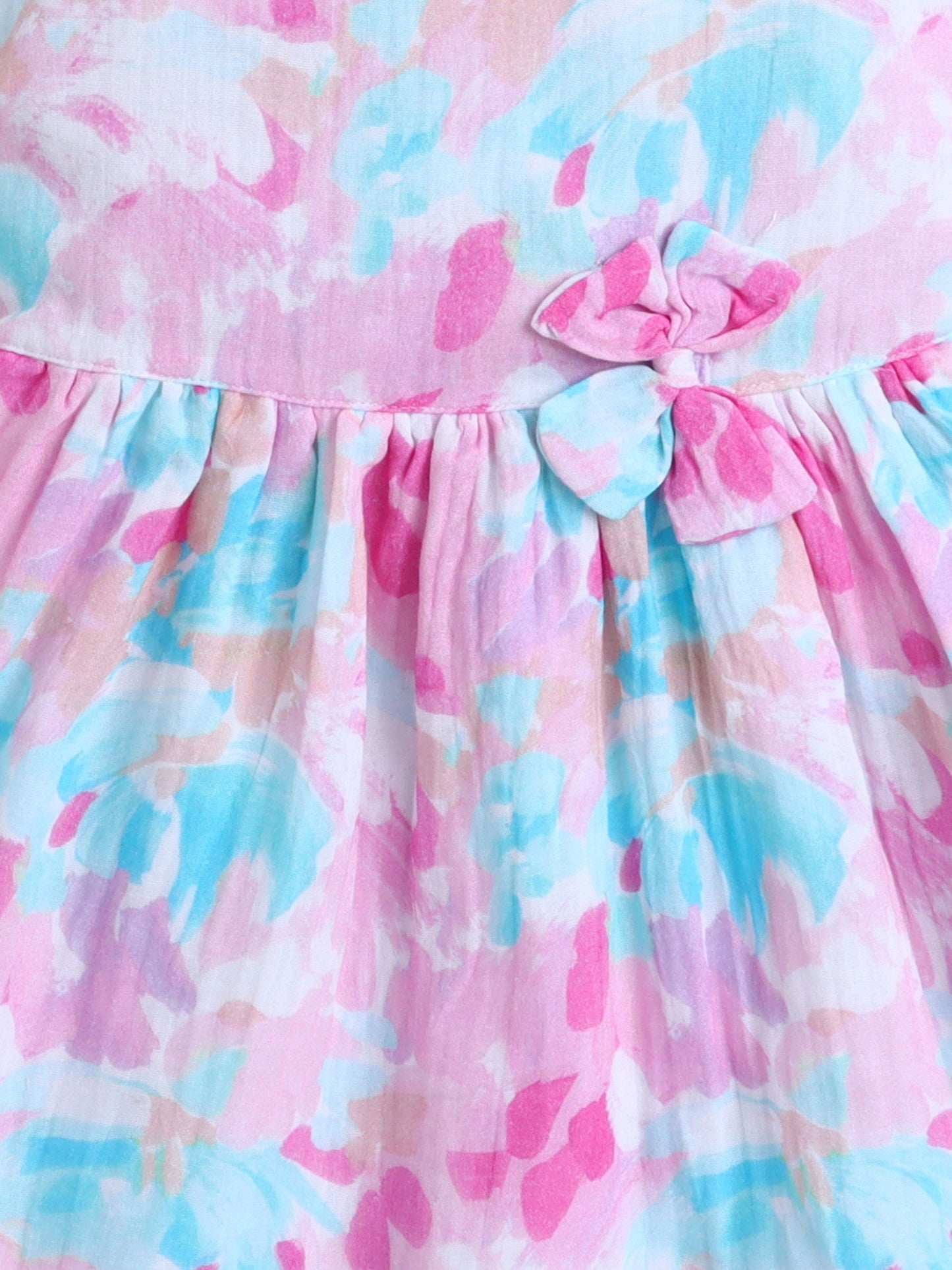 Cotton Frill Sleeves Floral Printed Bow Detail Dress-Pink