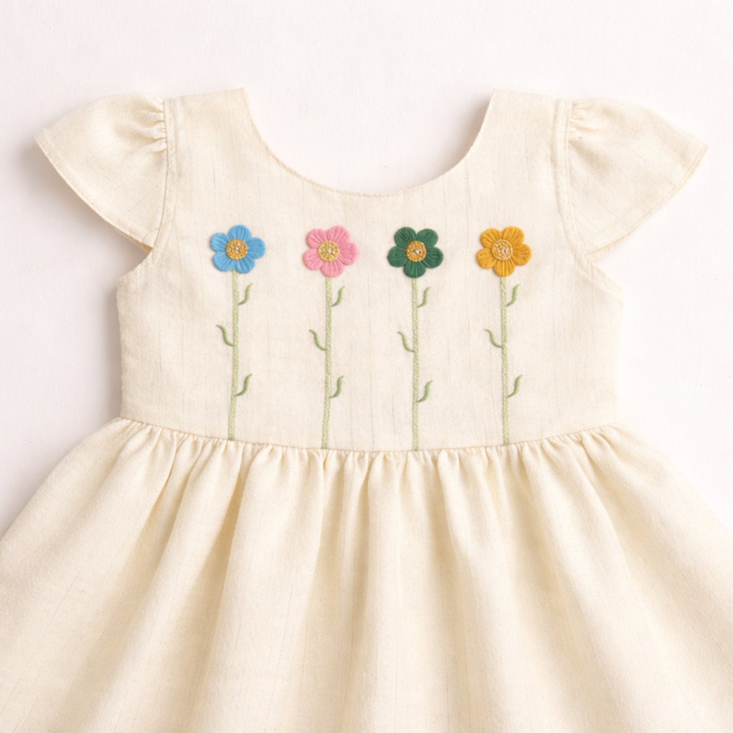The Magic Wand Woven Cap Sleevees Floral Embroidered Dress - Off White