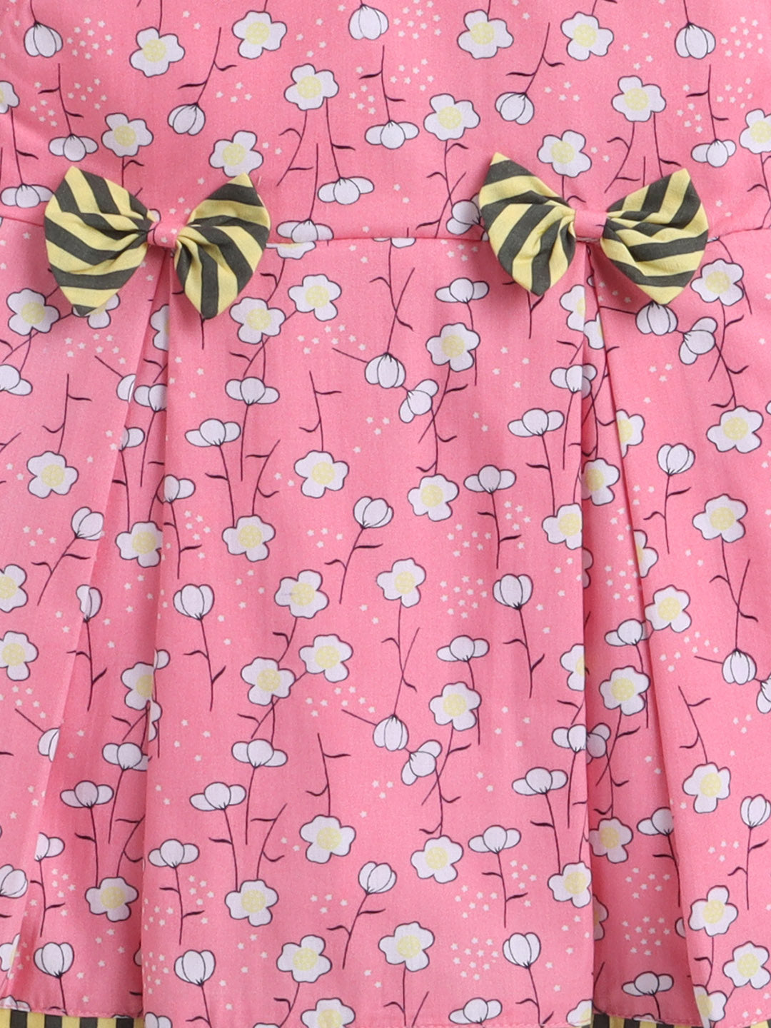 Pretty Floral Sleeveless Summer Dress With Contrast Stripe Band And Bow Detail-Pink