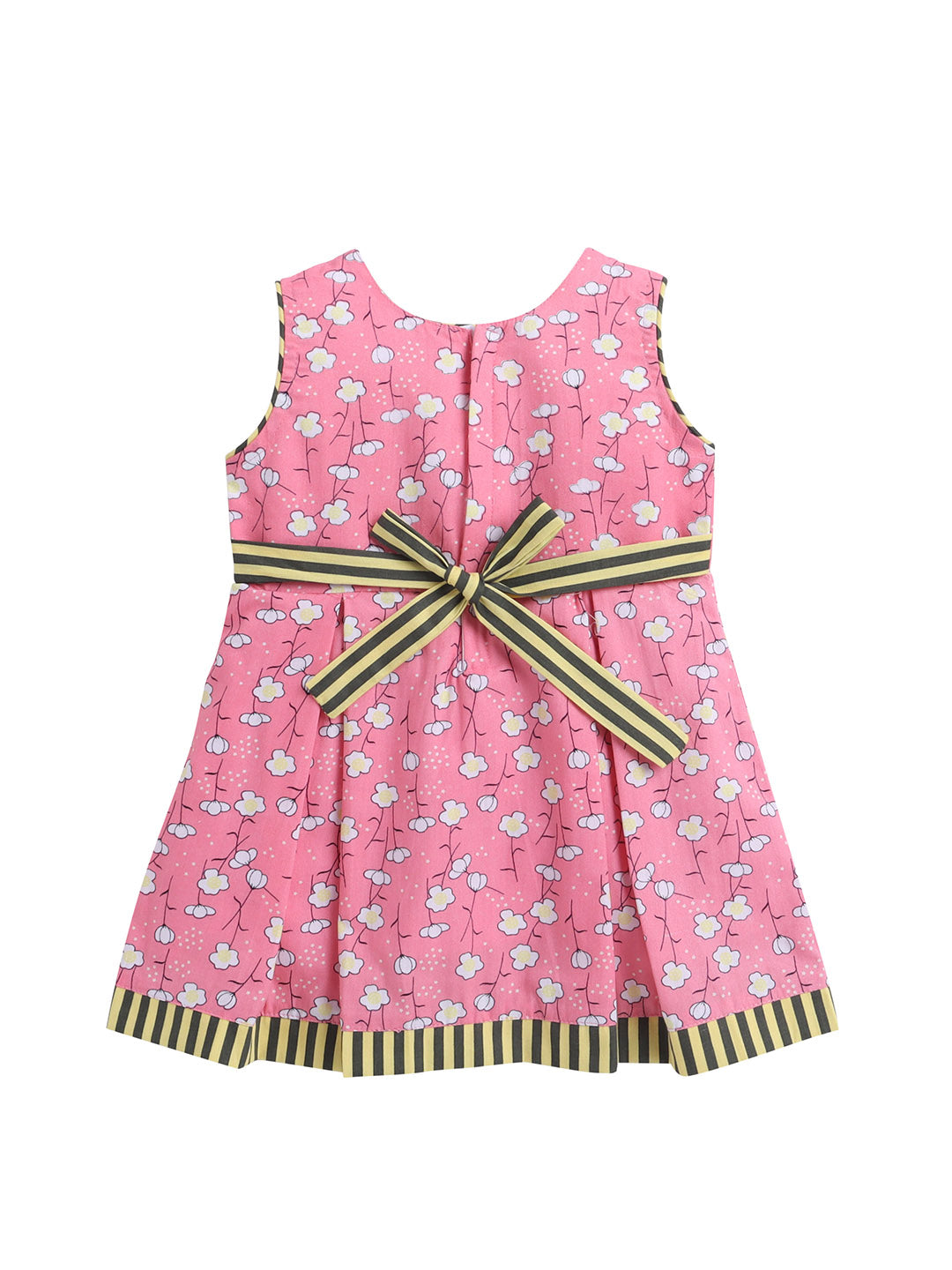 Pretty Floral Sleeveless Summer Dress With Contrast Stripe Band And Bow Detail-Pink