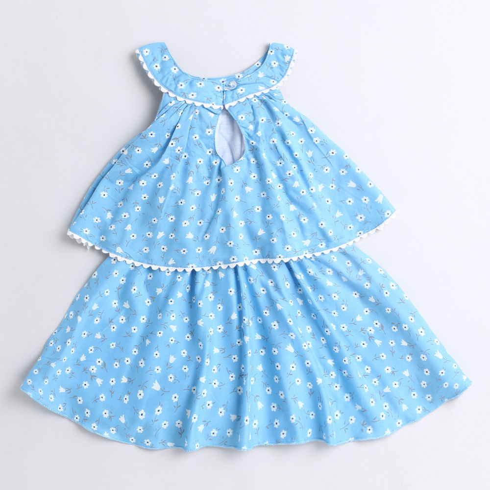 Incut Ditsy Floral Layerd Dress With Flared Hem & Corsage-Blue