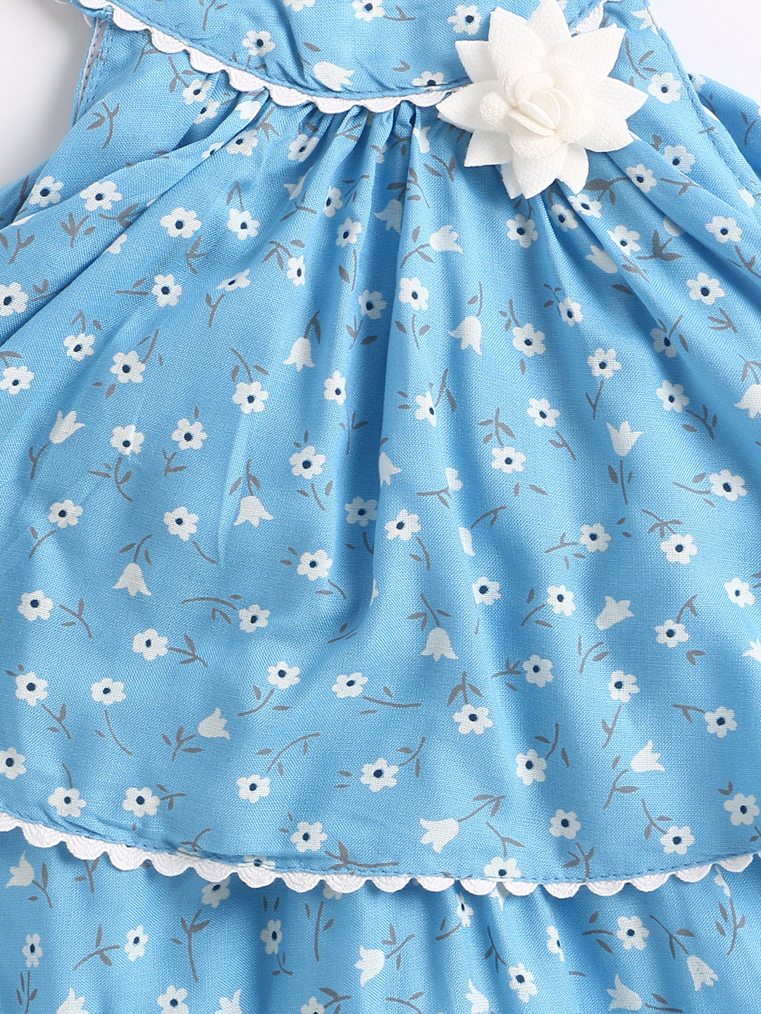 Incut Ditsy Floral Layerd Dress With Flared Hem & Corsage-Blue