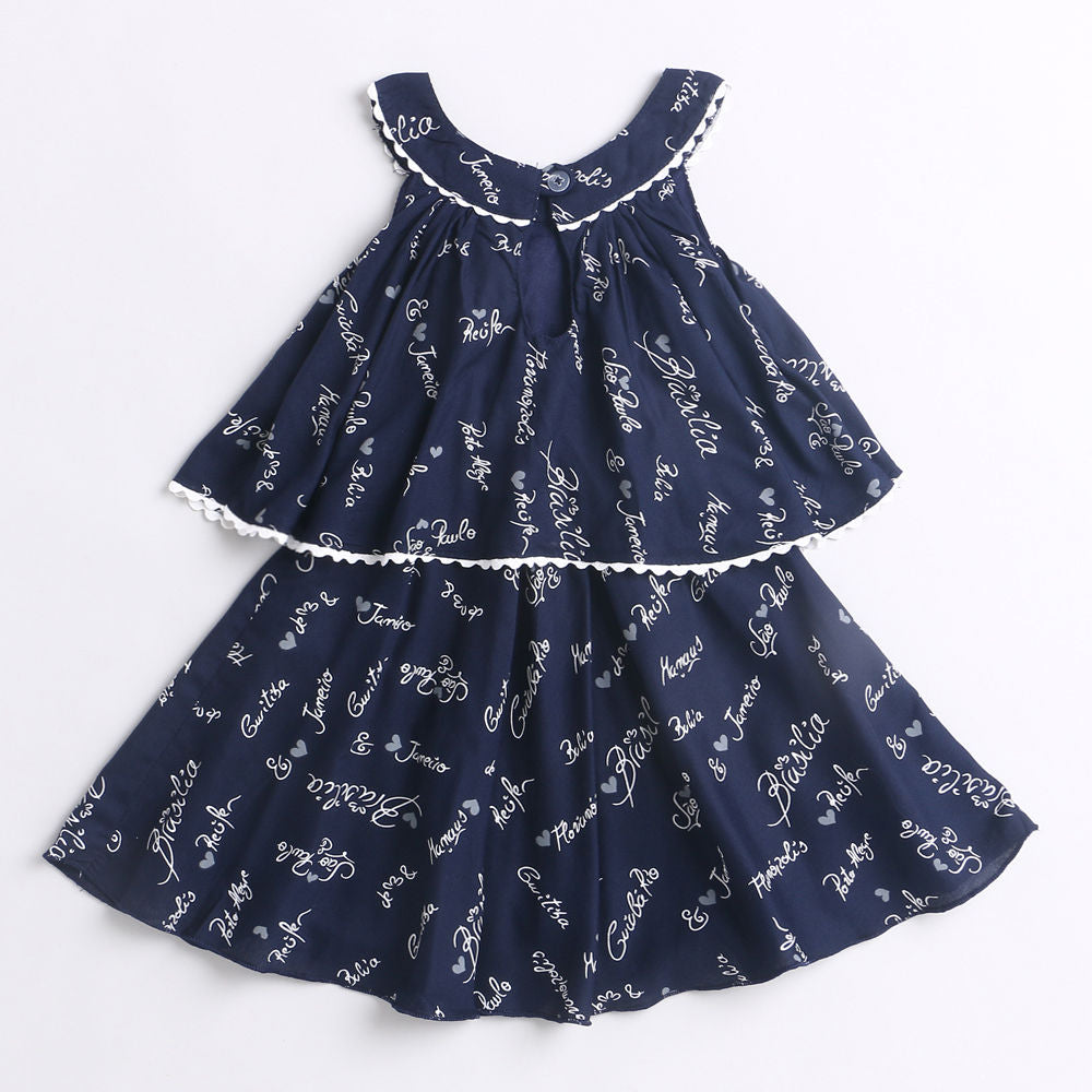 Incut Printed Layerd Dress With Flared Hem & Corsage Ric Rac Lace-Navy Blue