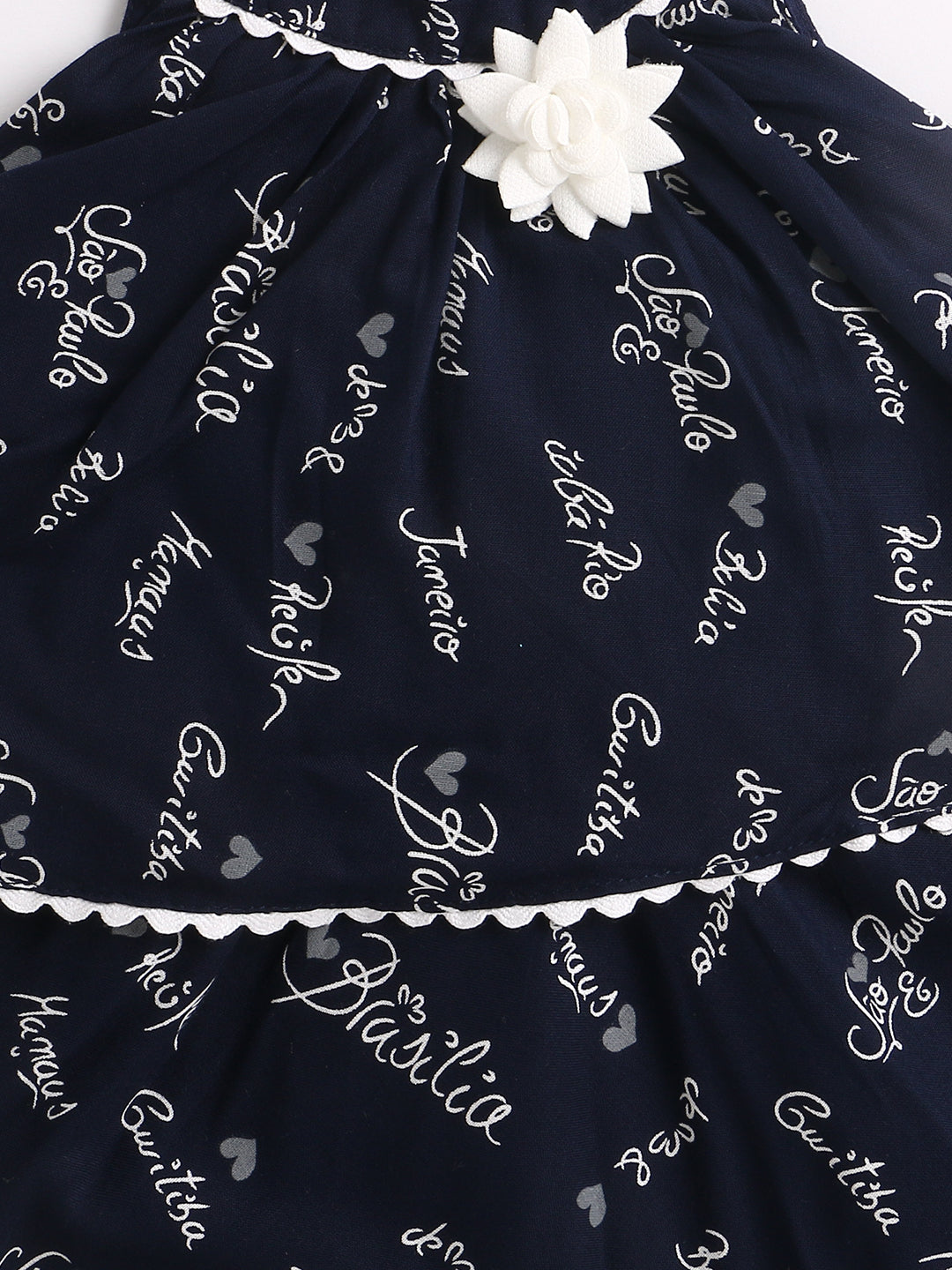 Incut Printed Layerd Dress With Flared Hem & Corsage Ric Rac Lace-Navy Blue