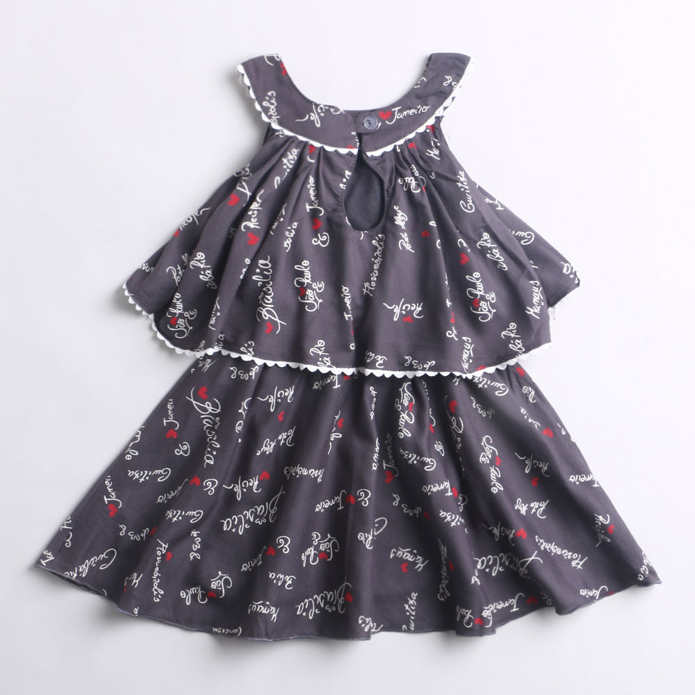 Incut Printed Layerd Dress With Flared Hem & Corsage Ric Rac Lace-Grey