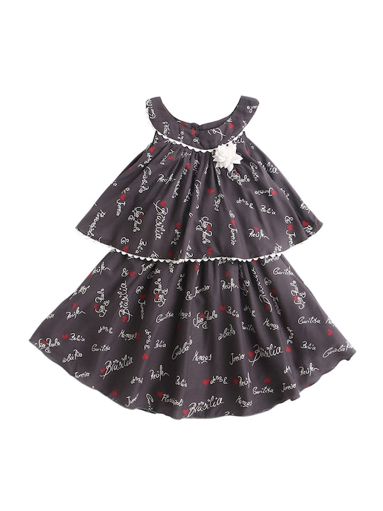 Incut Printed Layerd Dress With Flared Hem & Corsage Ric Rac Lace-Grey