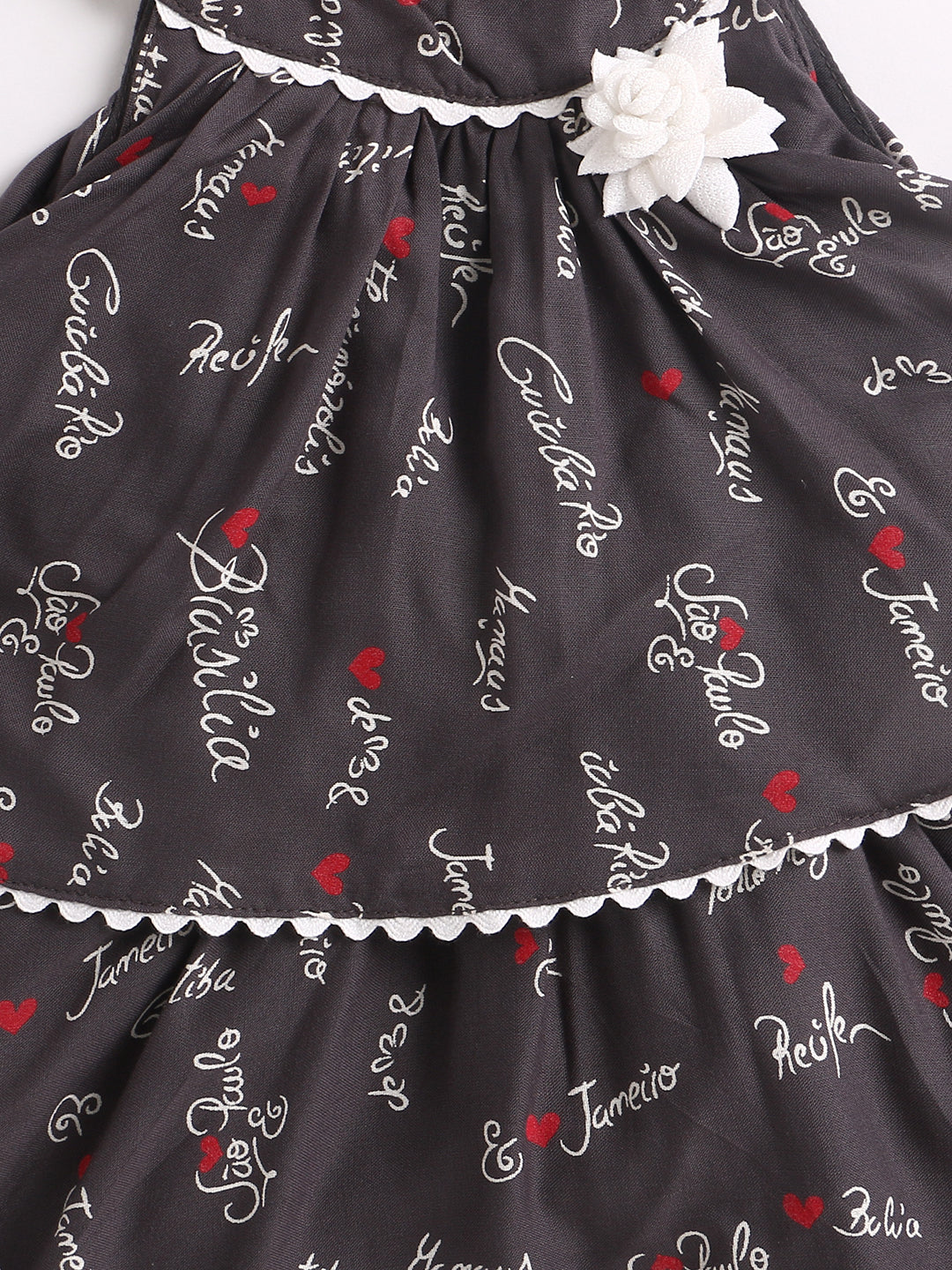 Incut Printed Layerd Dress With Flared Hem & Corsage Ric Rac Lace-Grey