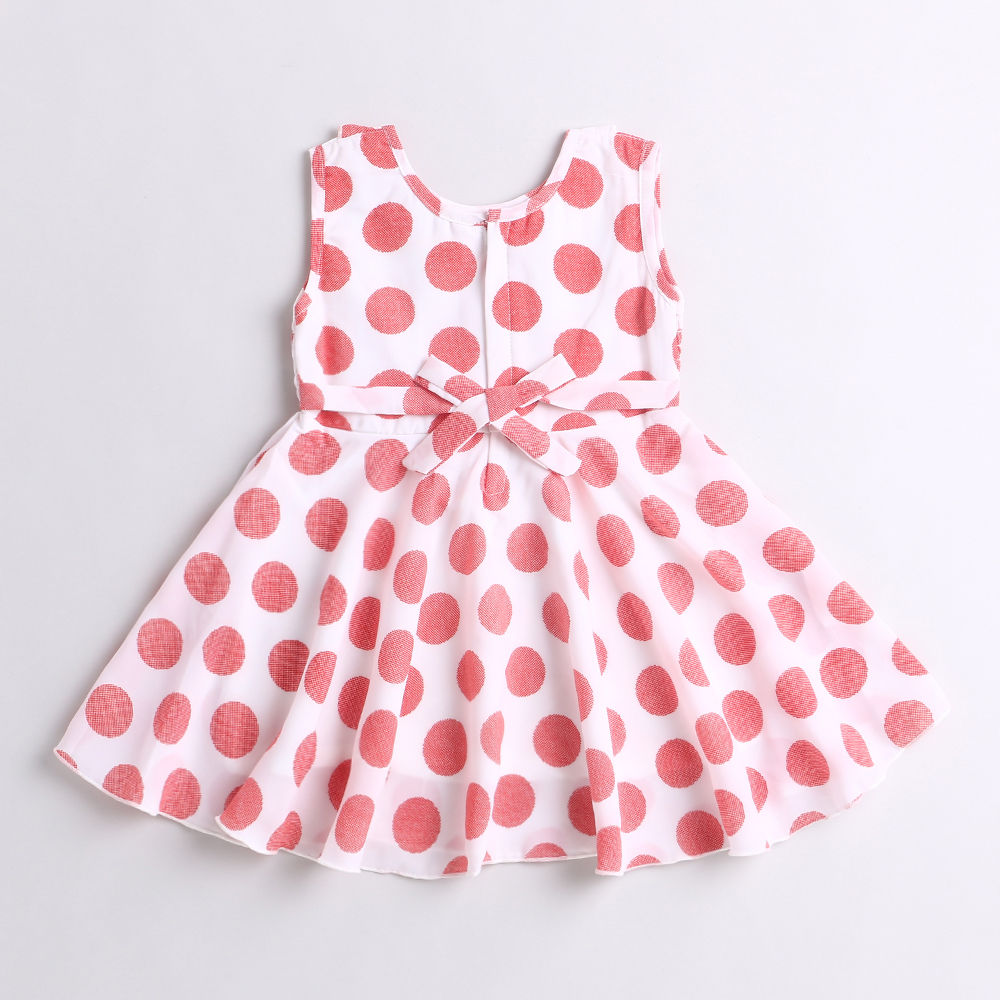 Bold Polka Smocked Waist Flared Hem Dress With Corsage-Peach