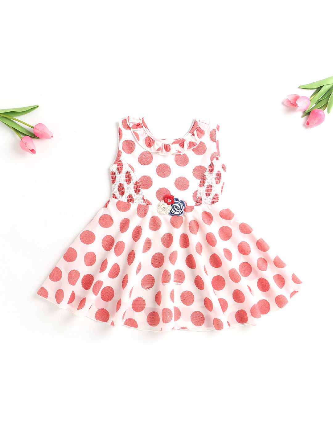 Bold Polka Smocked Waist Flared Hem Dress With Corsage-Peach