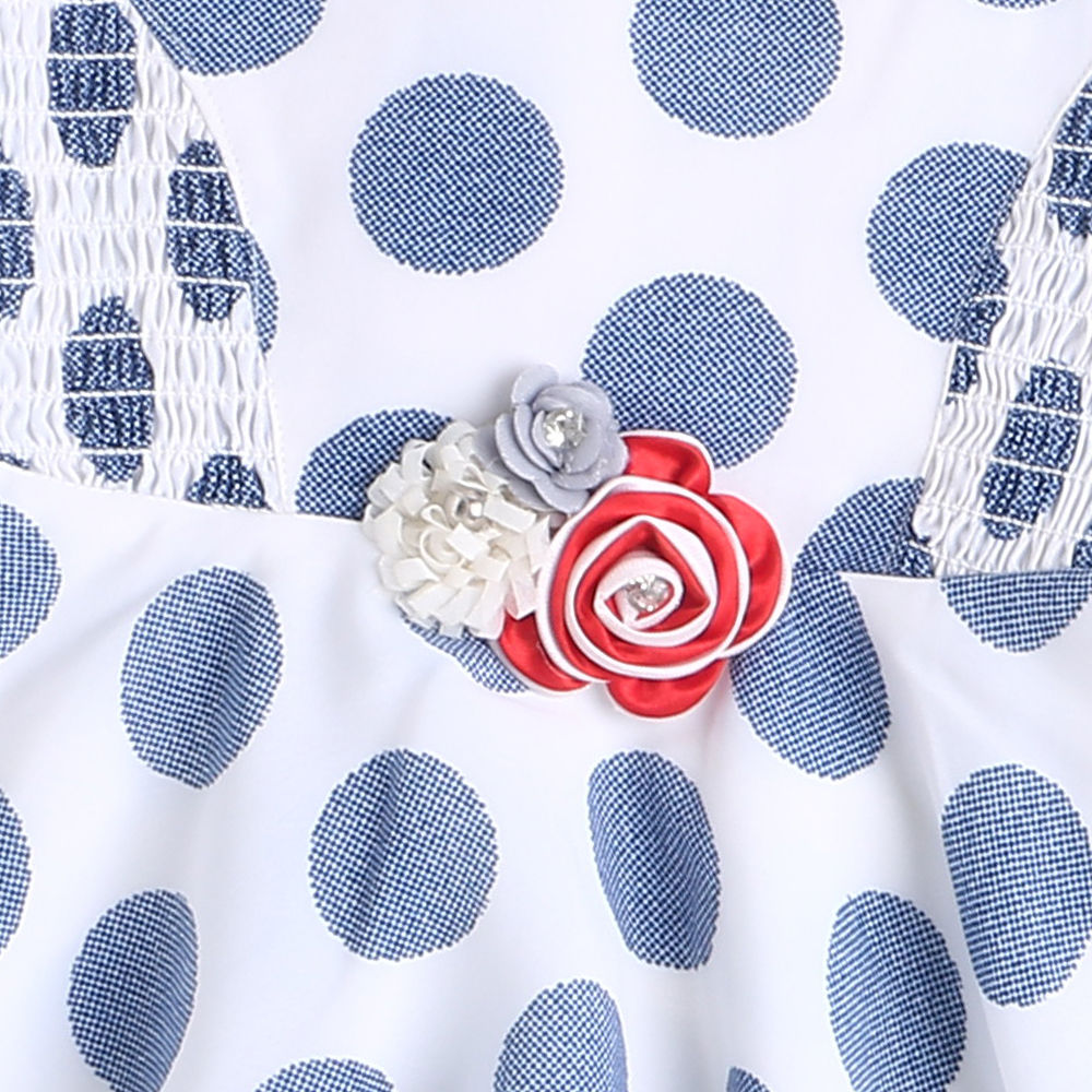 Bold Polka Smocked Waist Flared Hem Dress With Corsage-Blue