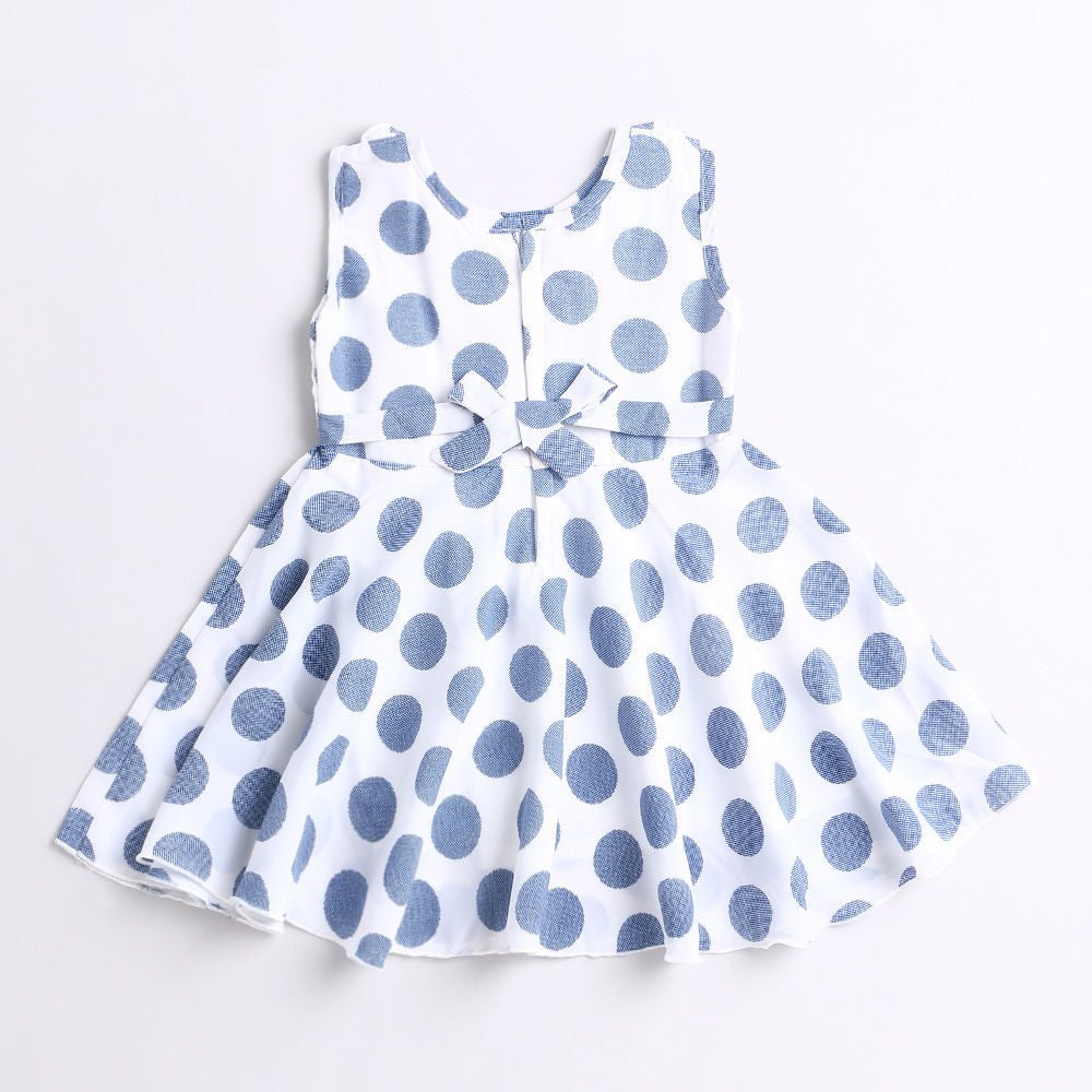 Bold Polka Smocked Waist Flared Hem Dress With Corsage-Blue