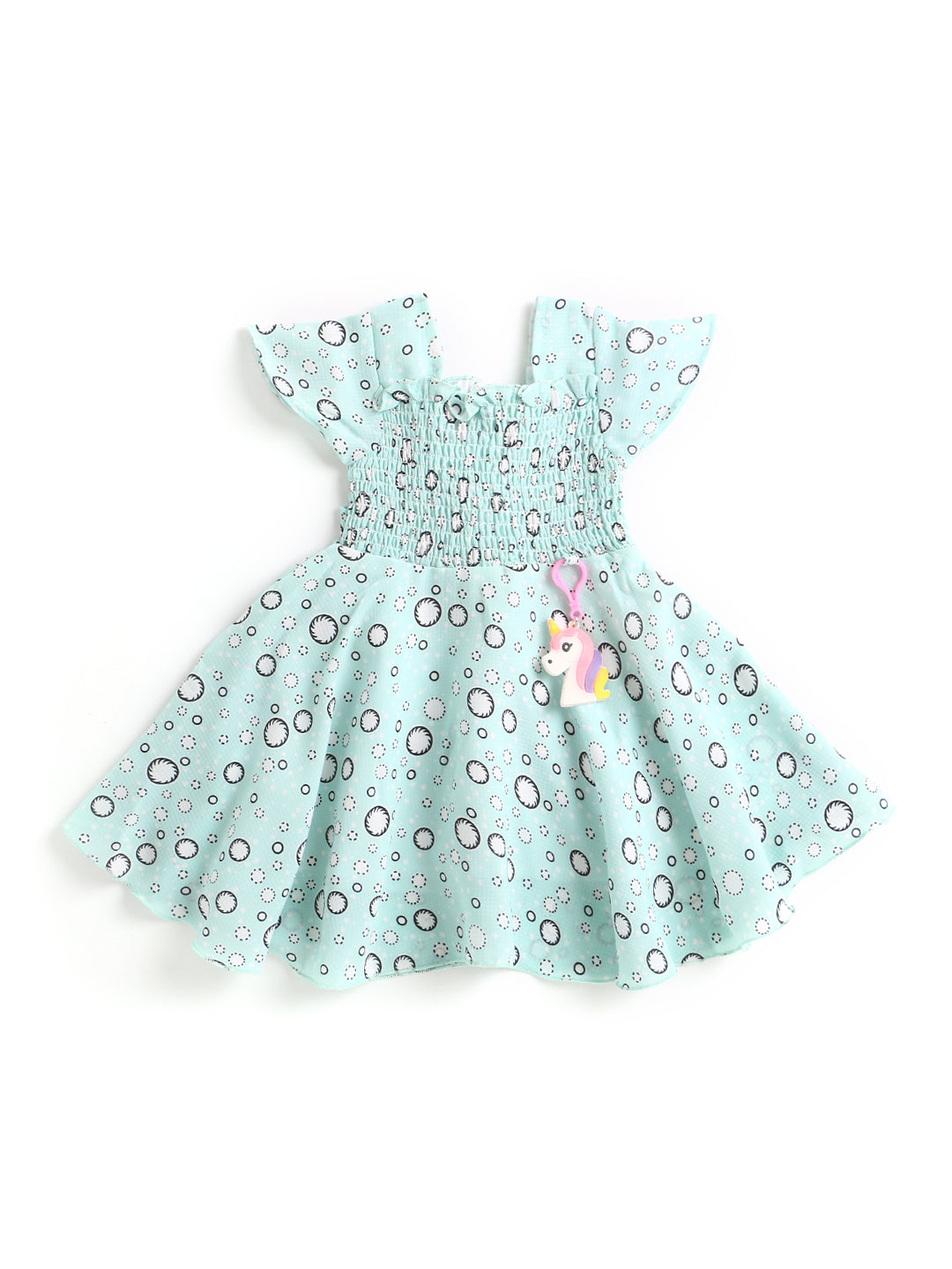 Short Sleeves Floral Print Dress With Unicorn Dangler - Green