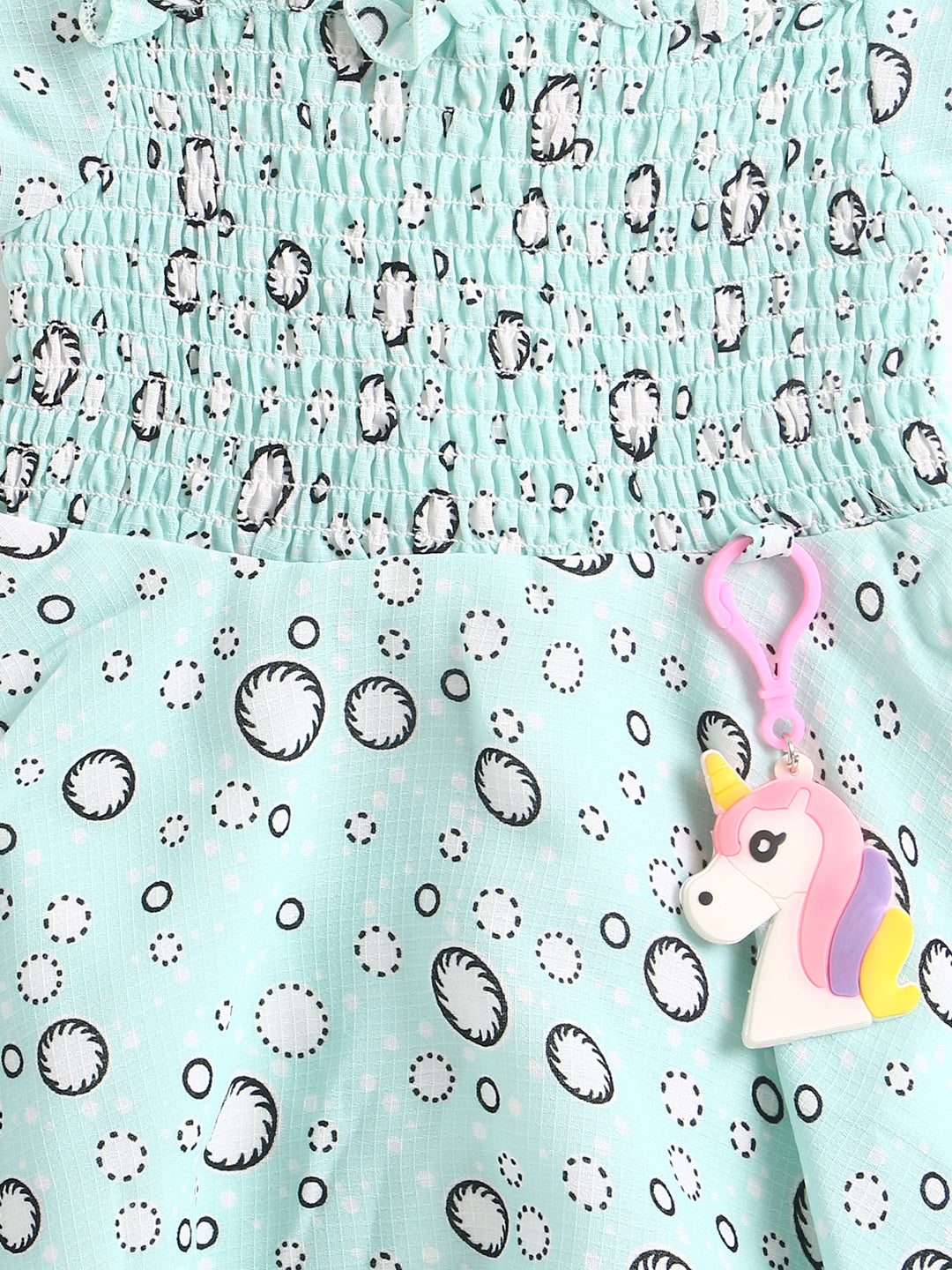 Short Sleeves Floral Print Dress With Unicorn Dangler - Green