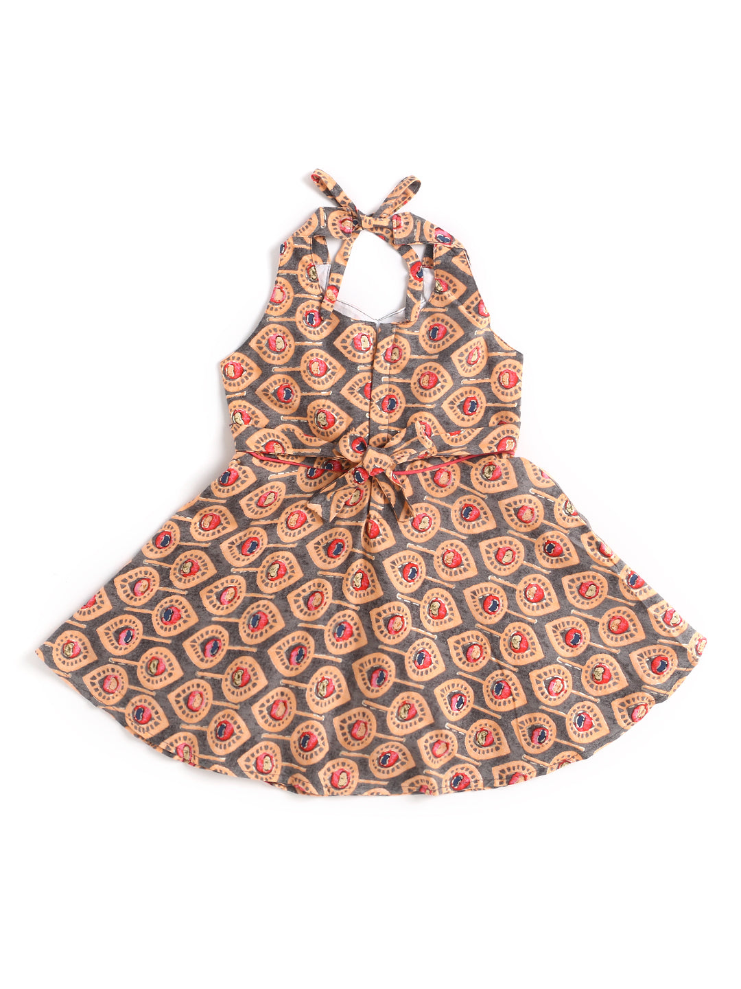 Halter Neck Printed Rayon Flared Hem Dress With Dangler Tassel -Peach