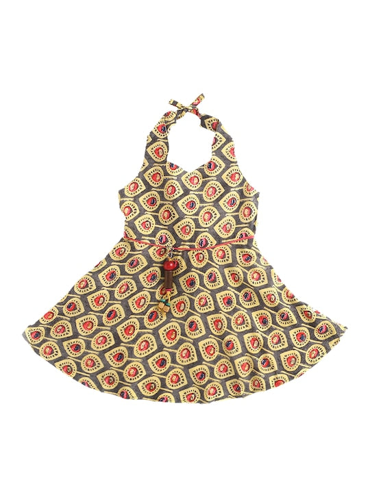 Halter Neck Printed Rayon Flared Hem Dress With Dangler Tassel -Yellow
