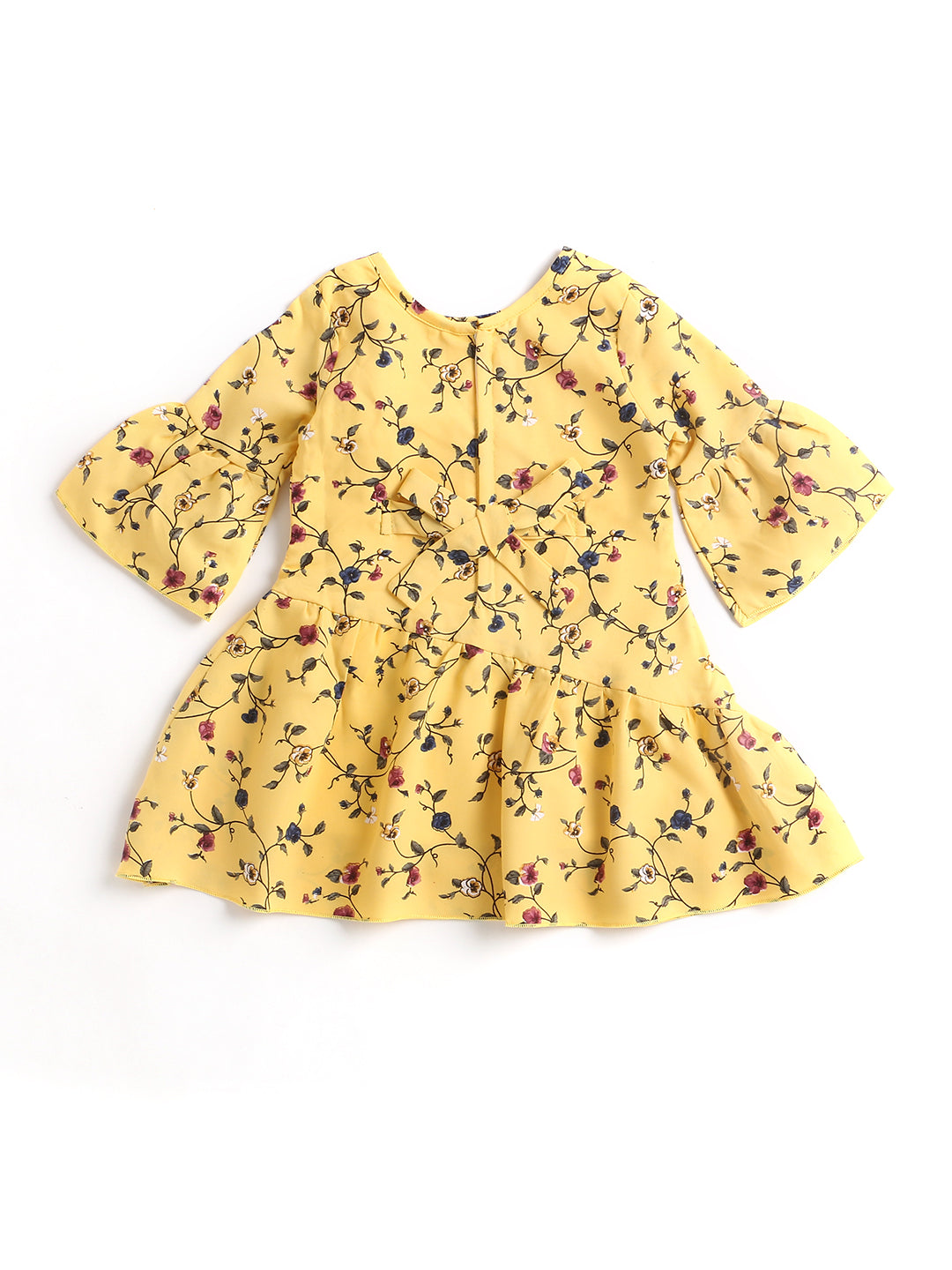 Pretty Floral Print Drop Waist 3/4 Sleeves Dress with Corsage for Girls-Yellow