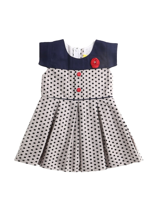 Polka Dot Box Pleated Woven Cotton Dress With Contrast Detail & Corsage-Grey