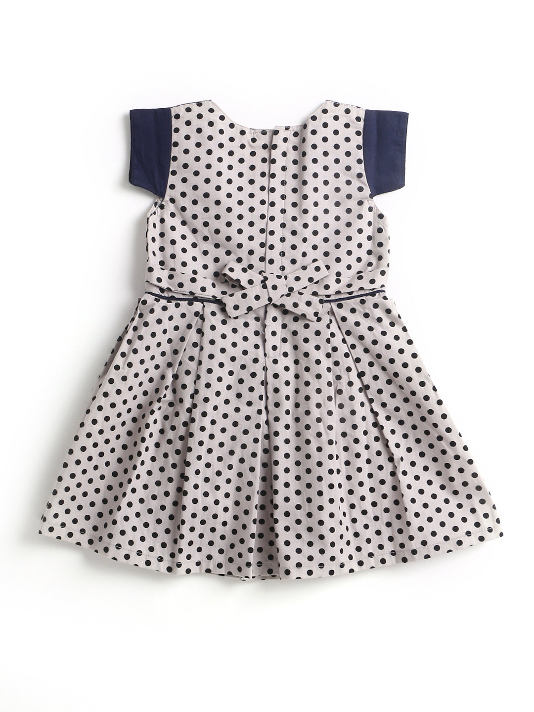 Polka Dot Box Pleated Woven Cotton Dress With Contrast Detail & Corsage-Grey