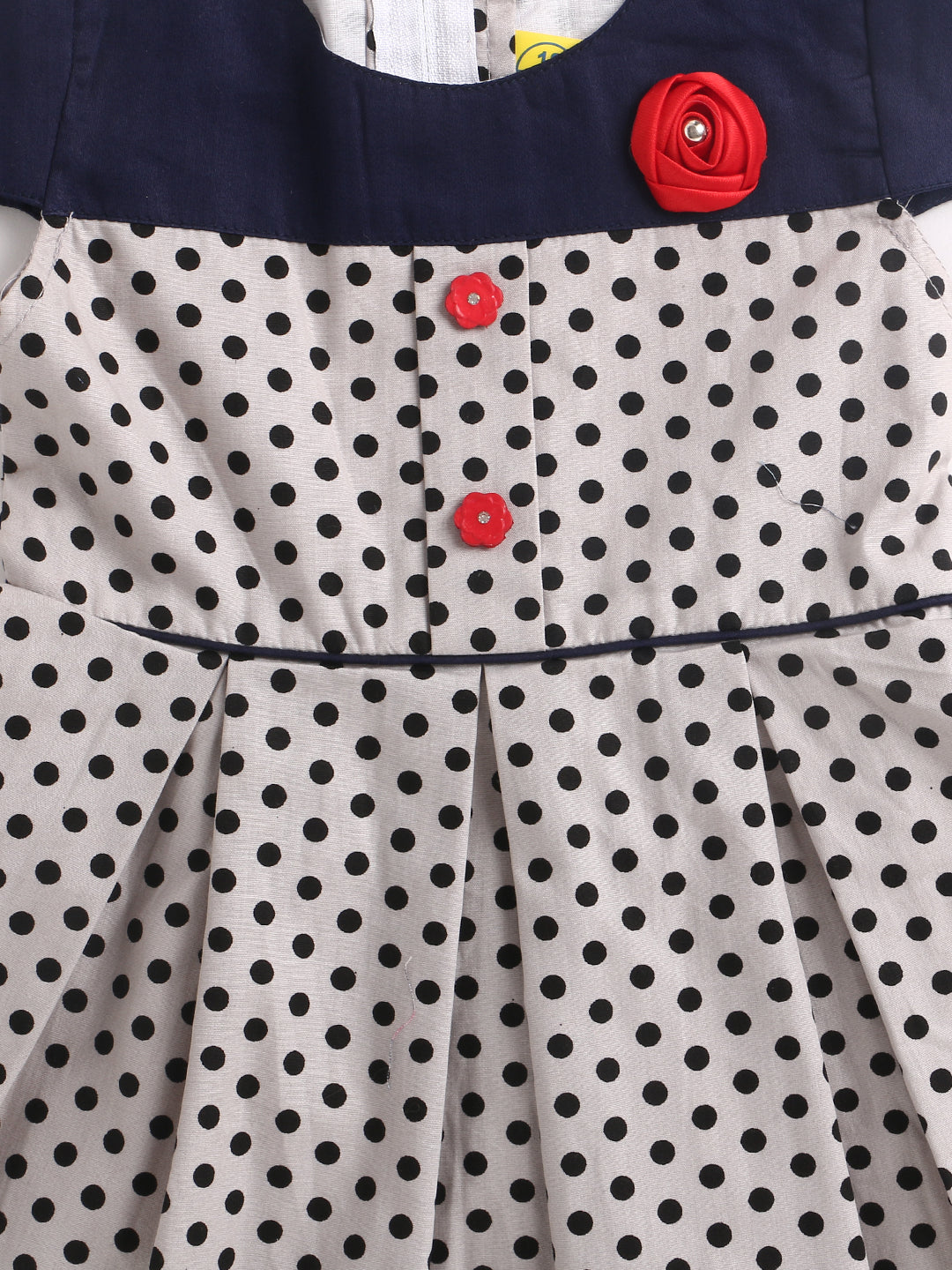 Polka Dot Box Pleated Woven Cotton Dress With Contrast Detail & Corsage-Grey
