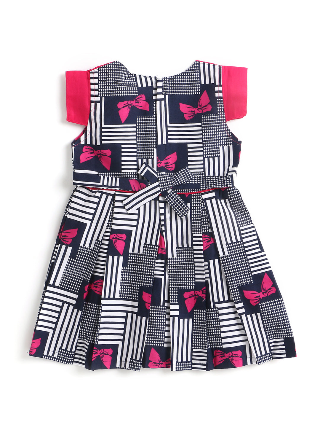 Solid Yoke Cap Sleeves Mix & Match Cotton Printed Dress-Fuschia,Navy