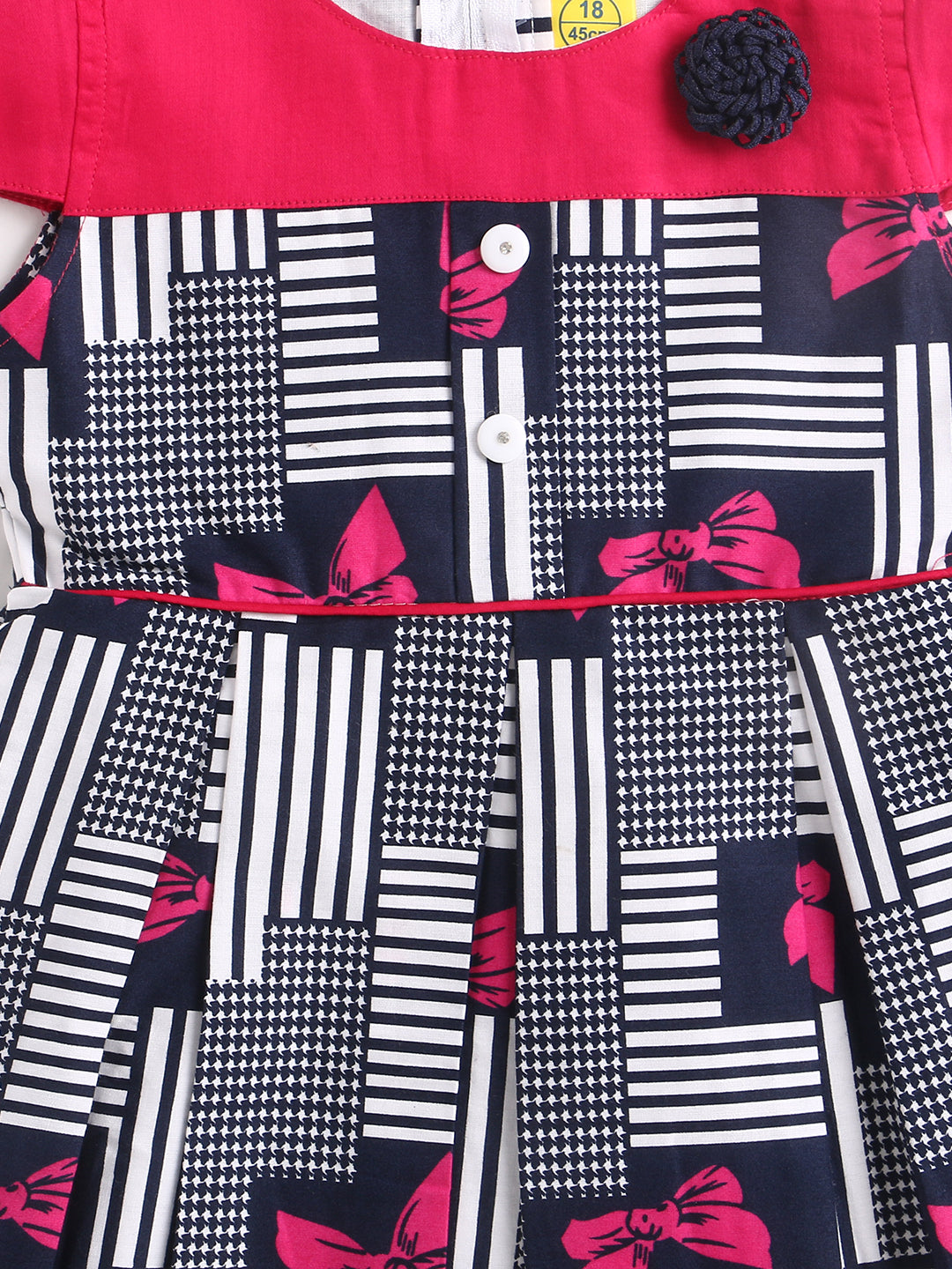 Solid Yoke Cap Sleeves Mix & Match Cotton Printed Dress-Fuschia,Navy