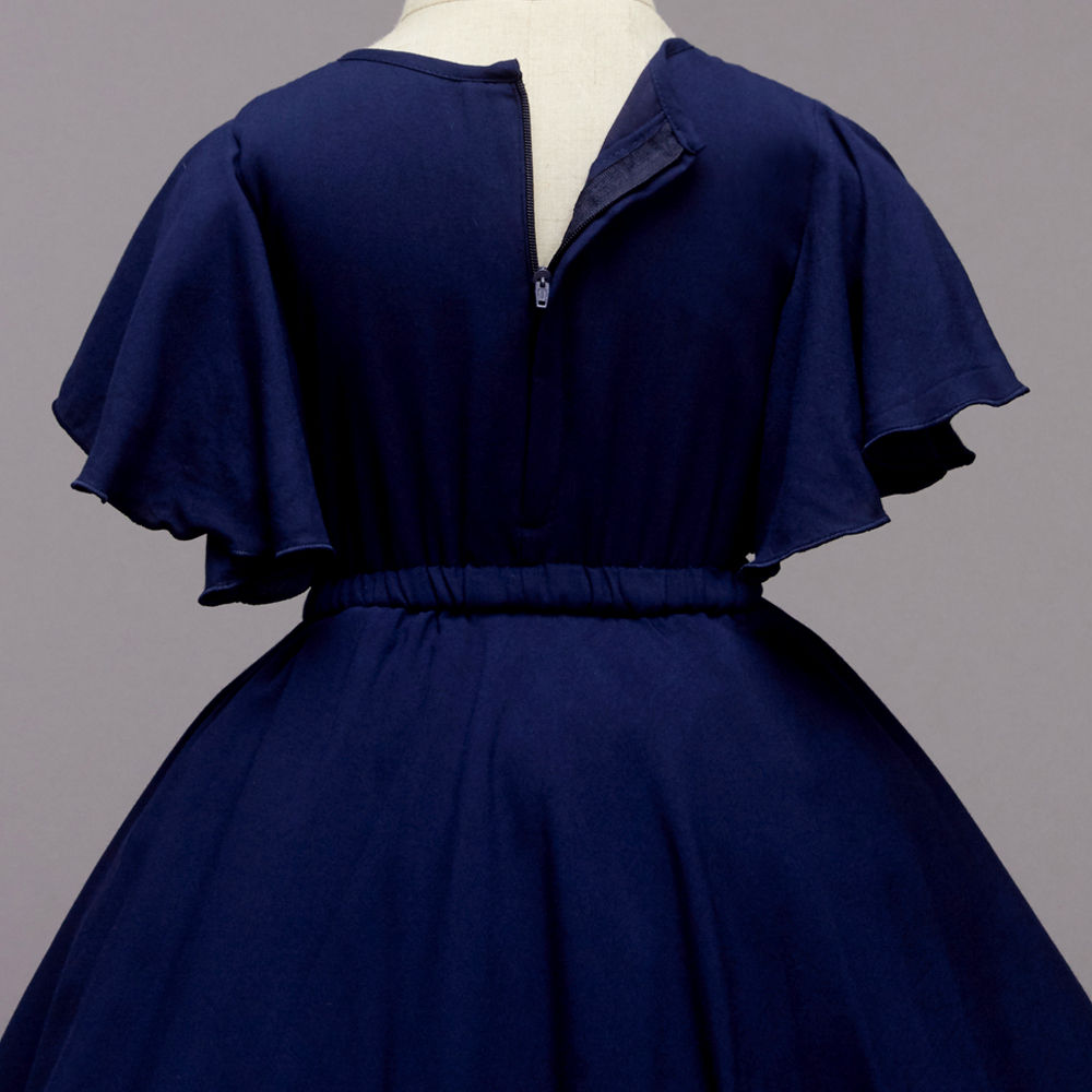 Flared Slevees Solid Pretty Rayon Dress With Elasticated Waist-Navy Blue