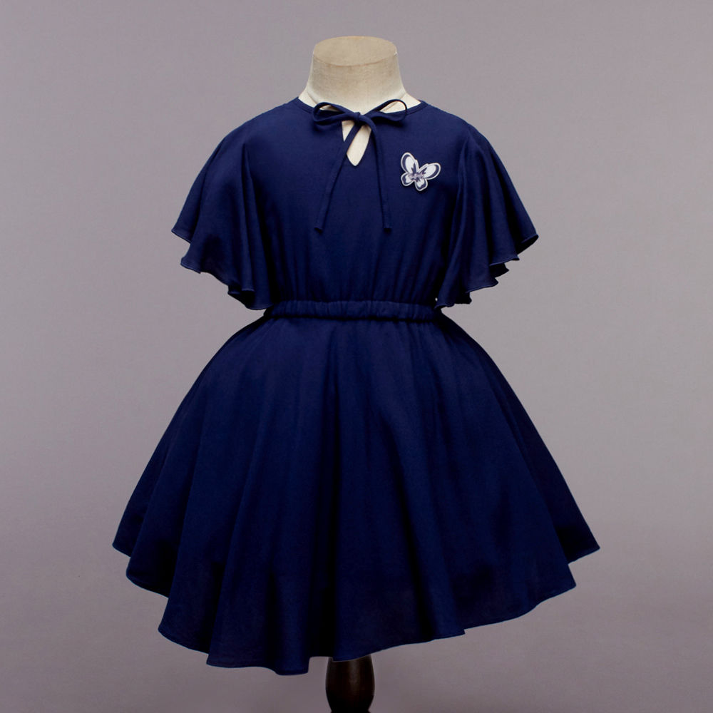 Flared Slevees Solid Pretty Rayon Dress With Elasticated Waist-Navy Blue