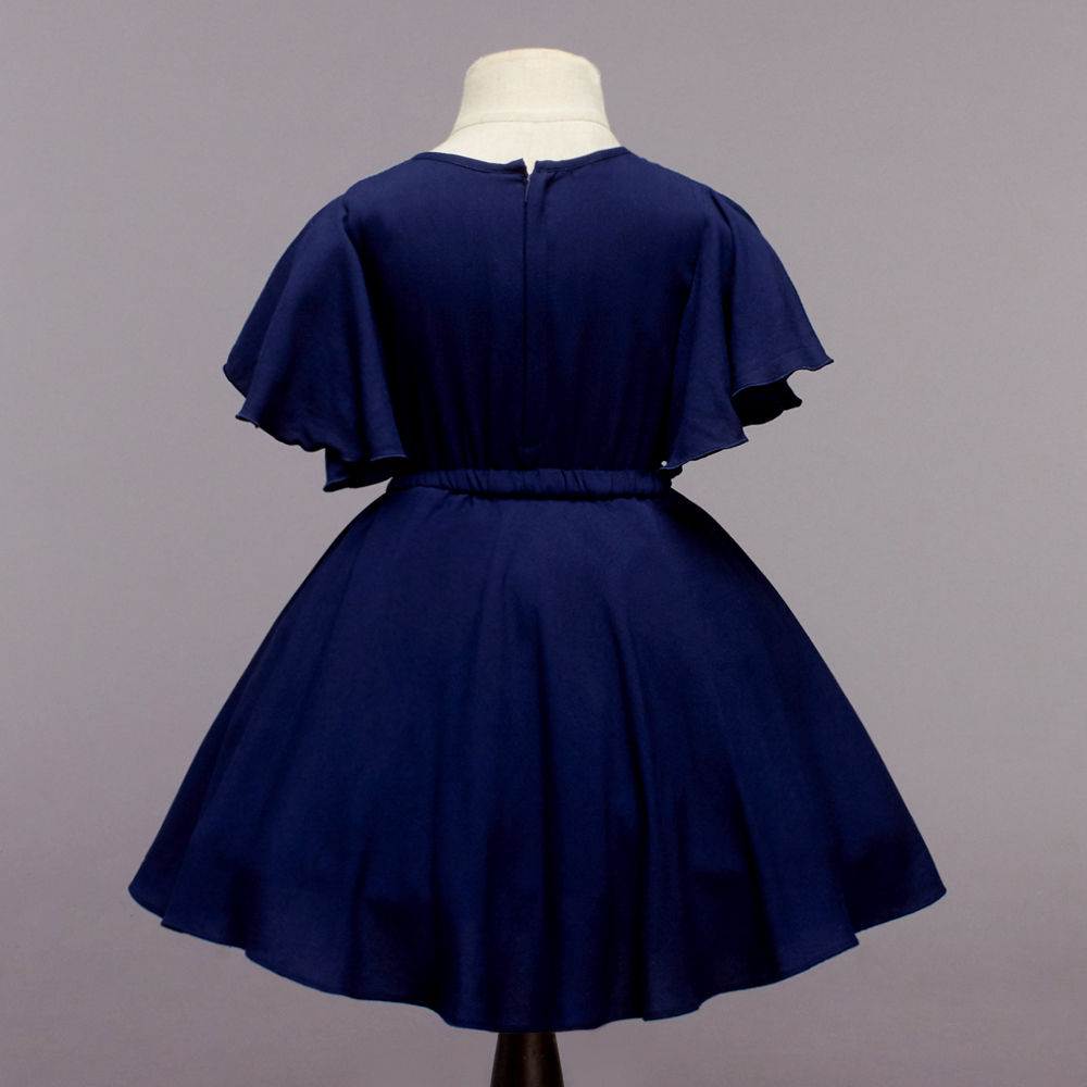 Flared Slevees Solid Pretty Rayon Dress With Elasticated Waist-Navy Blue