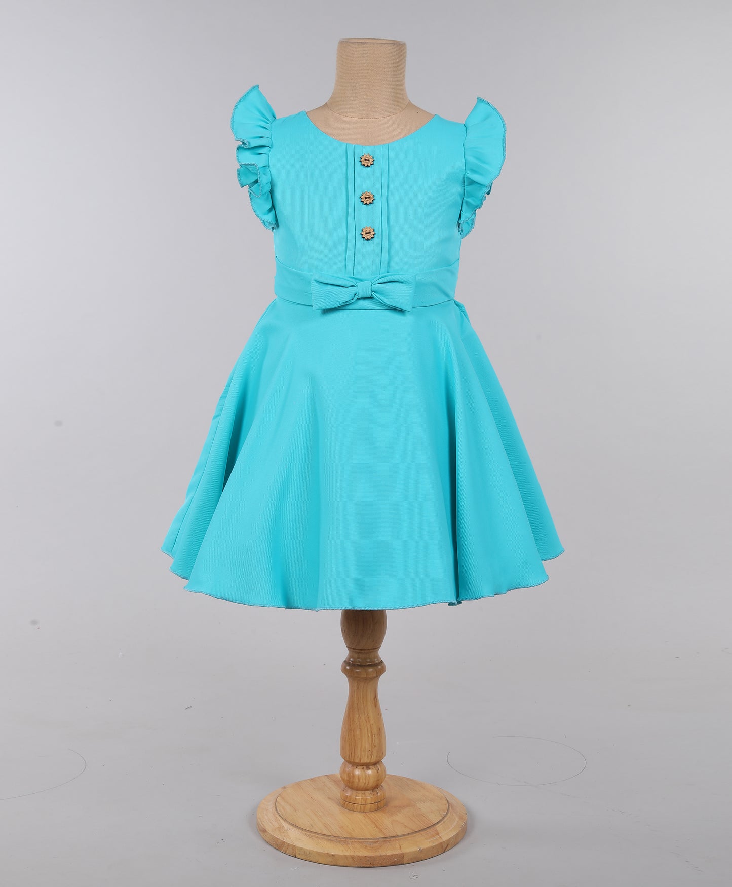 Solid Ruffel Dress With Bow For Girls-Sea Blue