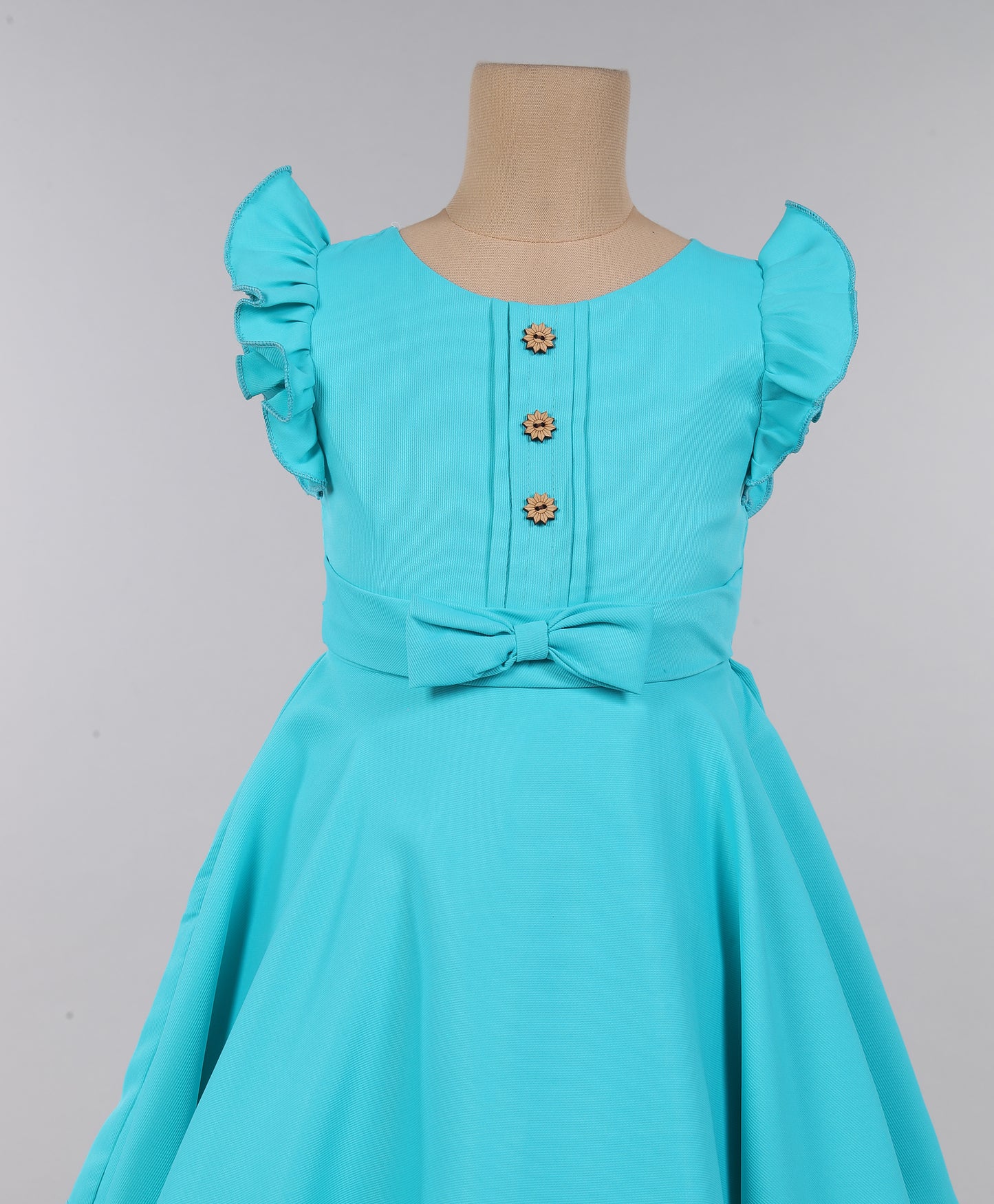 Solid Ruffel Dress With Bow For Girls-Sea Blue
