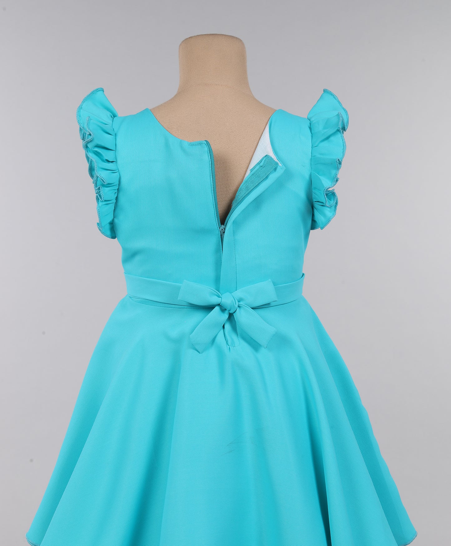 Solid Ruffel Dress With Bow For Girls-Sea Blue