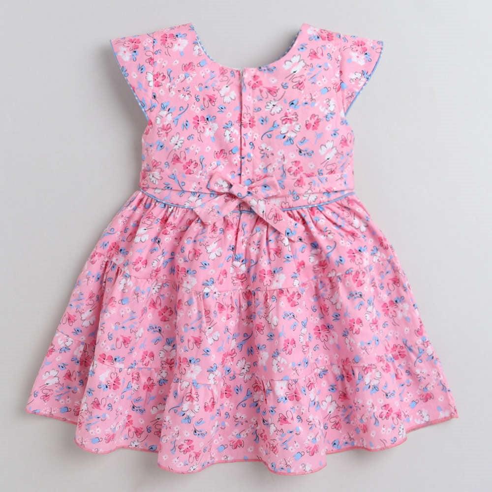 Cap Sleeves Digital Printed Dress With Bow-Pink