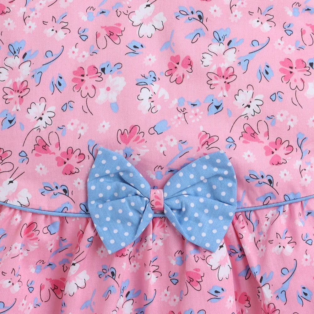Cap Sleeves Digital Printed Dress With Bow-Pink