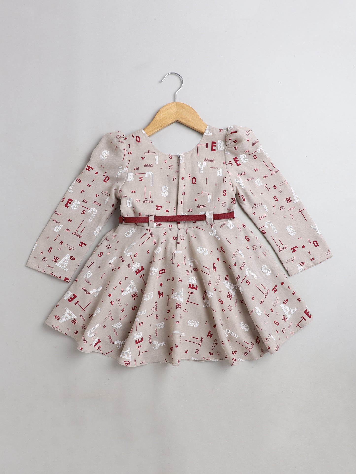 Floral Printed Dress With Belt For Girls-Beige