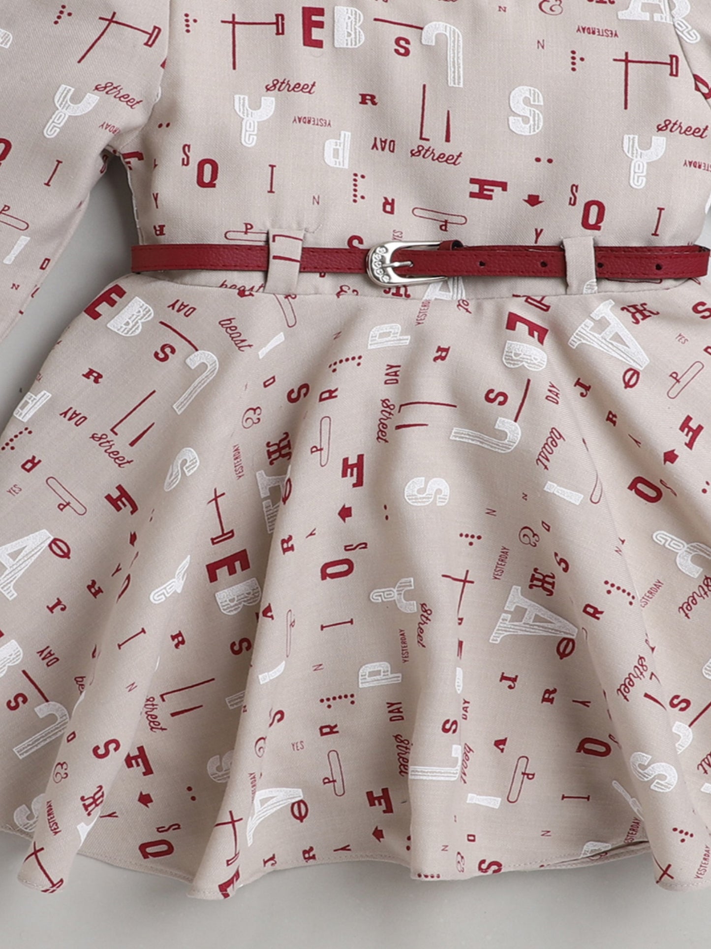 Floral Printed Dress With Belt For Girls-Beige