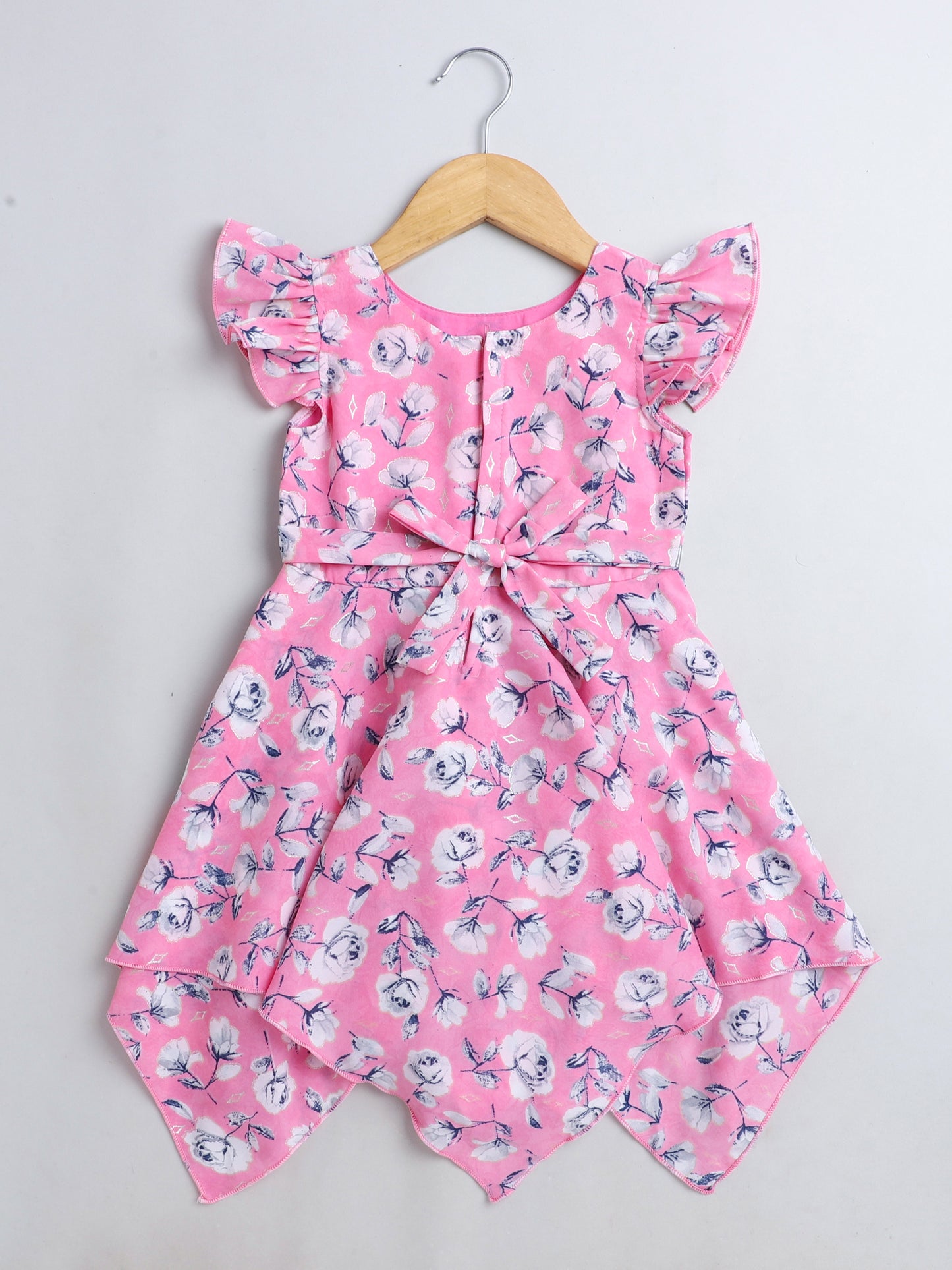 Floral Printed Ruffle Sleeves Dress With Bow For Girls-Pink