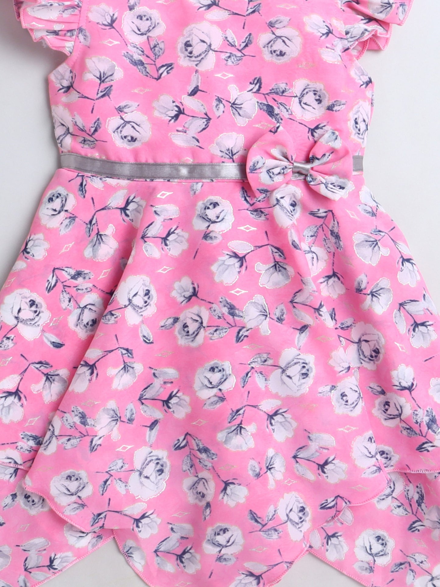 Floral Printed Ruffle Sleeves Dress With Bow For Girls-Pink