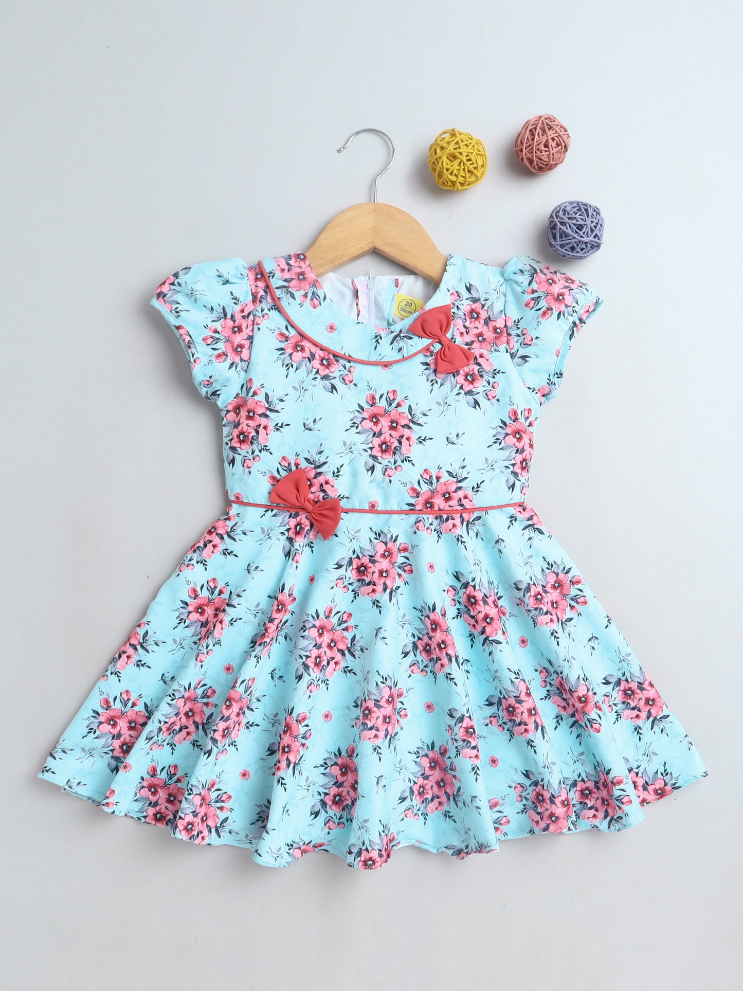 Floral Printed Short Sleeves Dress With Bow For Girls-Green