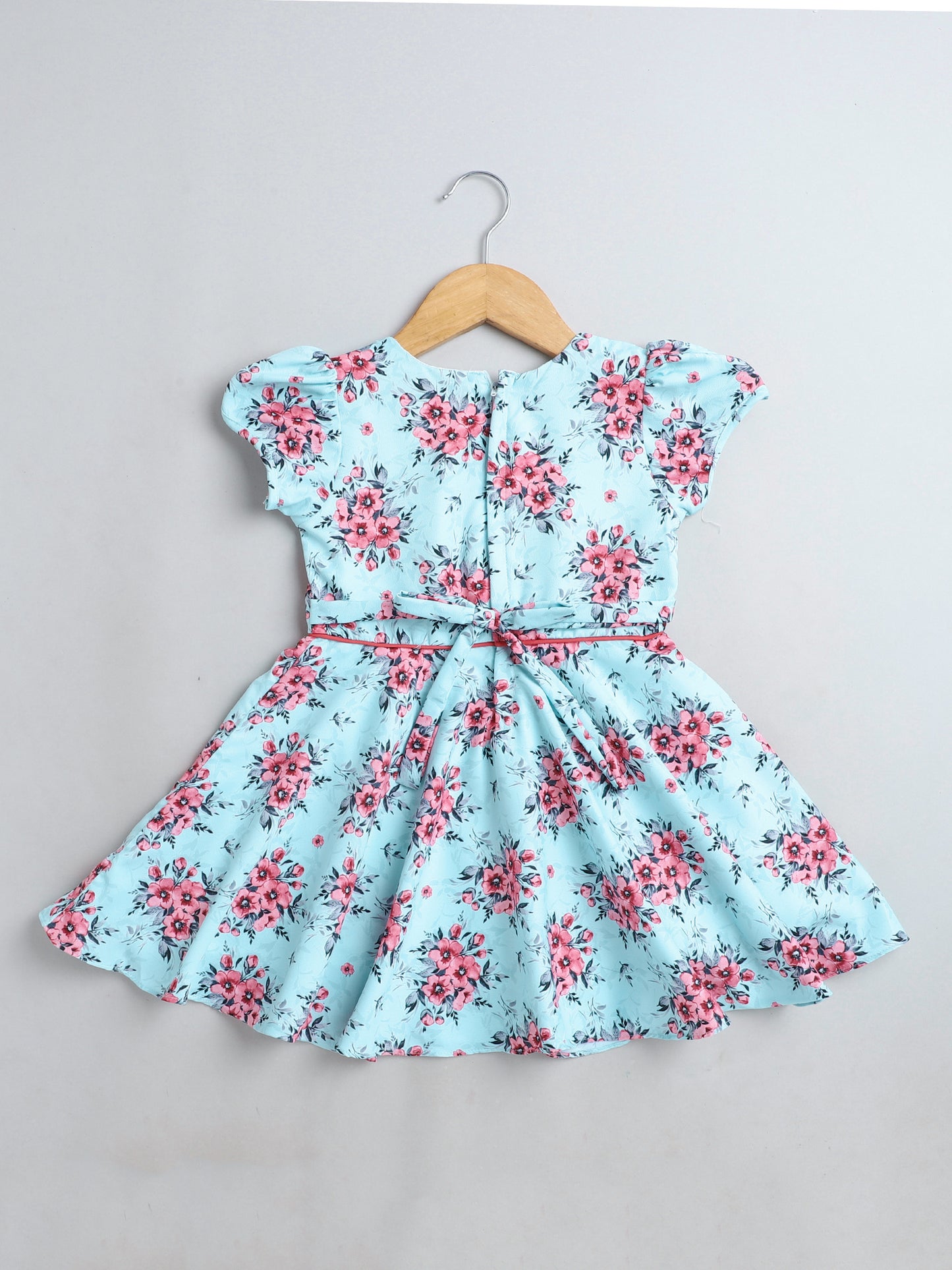 Floral Printed Short Sleeves Dress With Bow For Girls-Green
