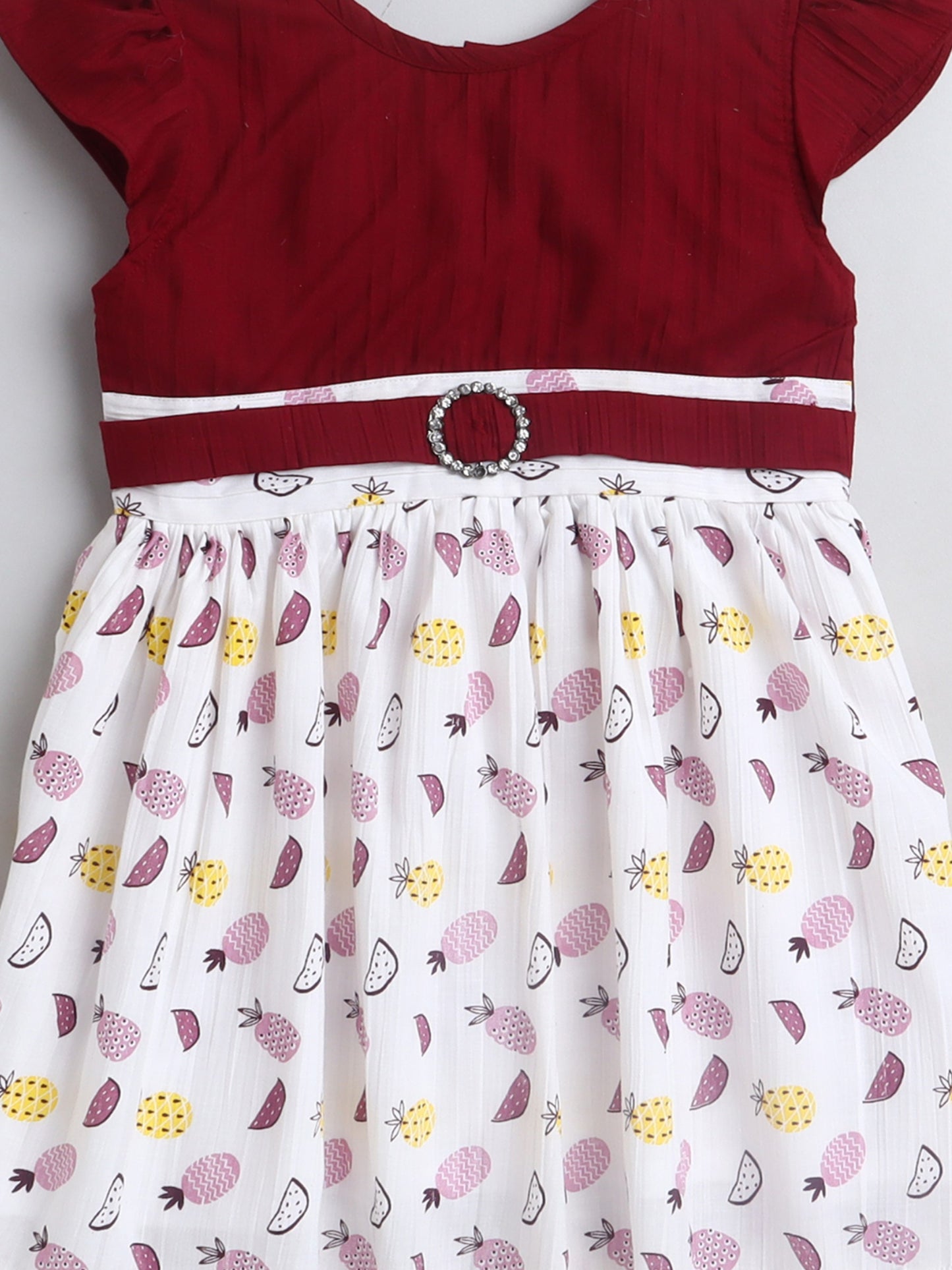 Fruits Printed Cap Sleeves Dress For Girls-Maroon