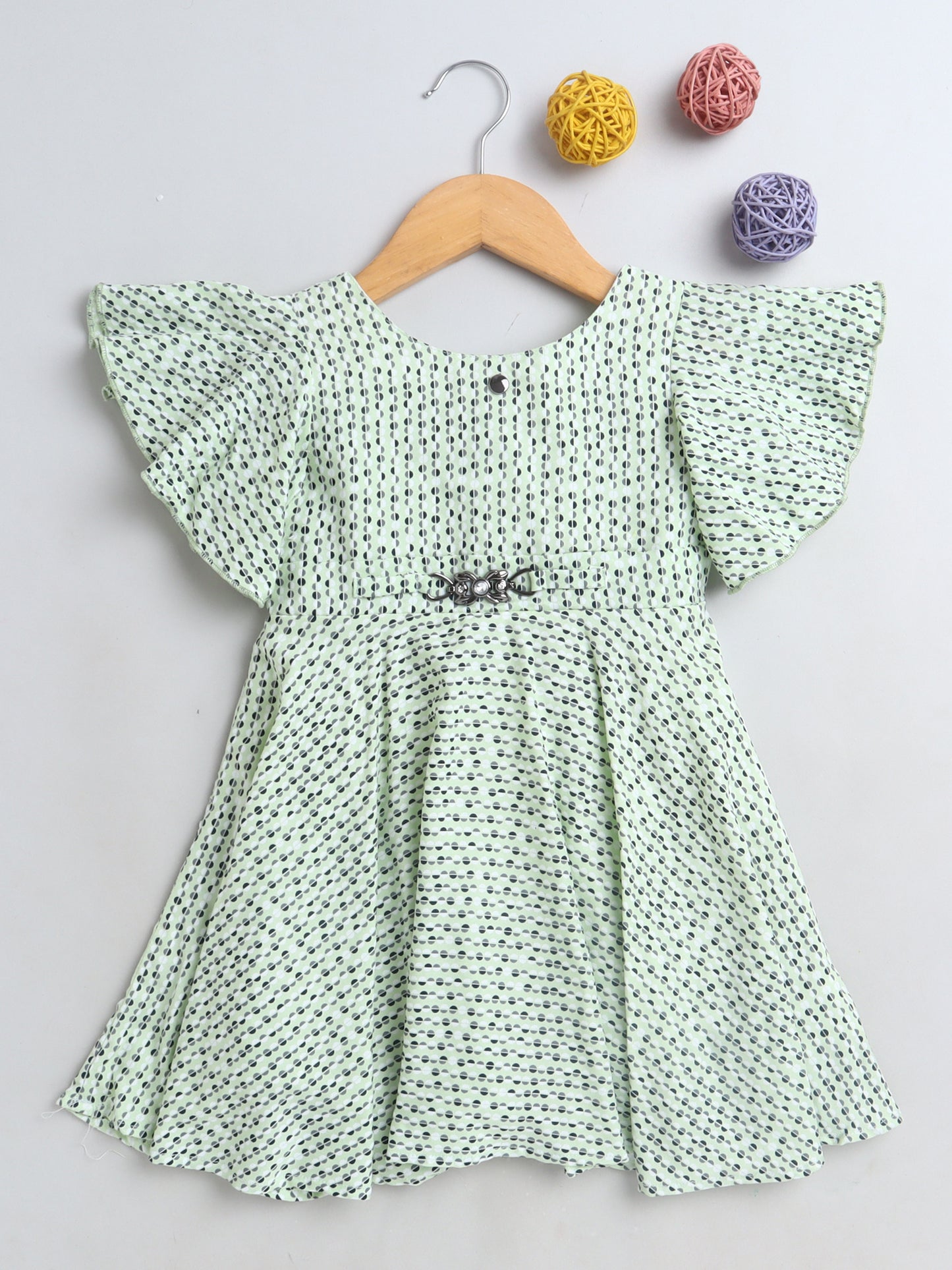 Printed Flutter Sleeves Dress For Girls-Green