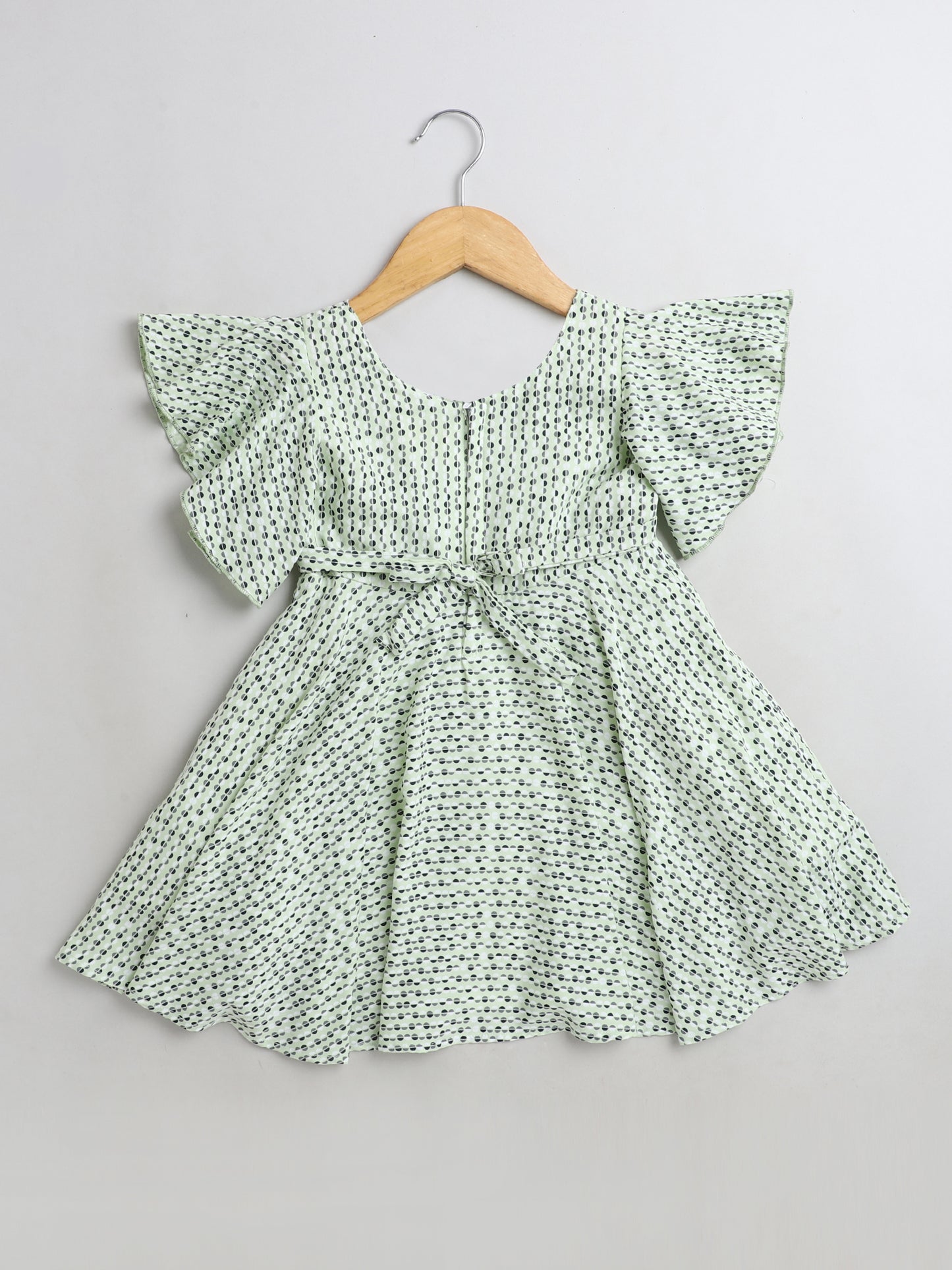 Printed Flutter Sleeves Dress For Girls-Green